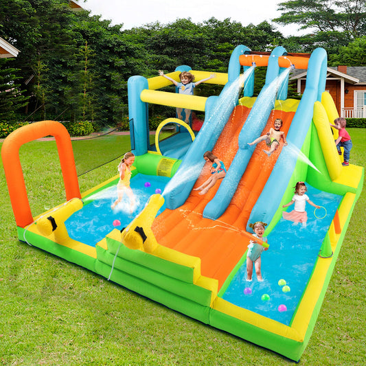 Inflatable Water Slide, Giant Water Park Bounce House with 2 Long Slides, Splash Pool, Trampoline, Climbing Wall, Ring Toss Game, 550W Air Blower