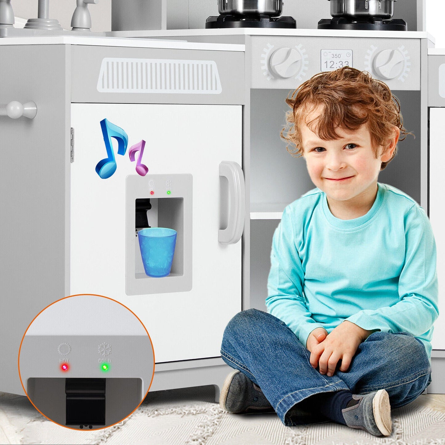 Kids Play Kitchen,Corner Wooden Pretend Toddler Kitchen Toys Playset with Realistic Lights & Sounds,Microwave Oven,Water Dispenser, Phone, Sink,Cooking Accessories, for Ages 3+, White