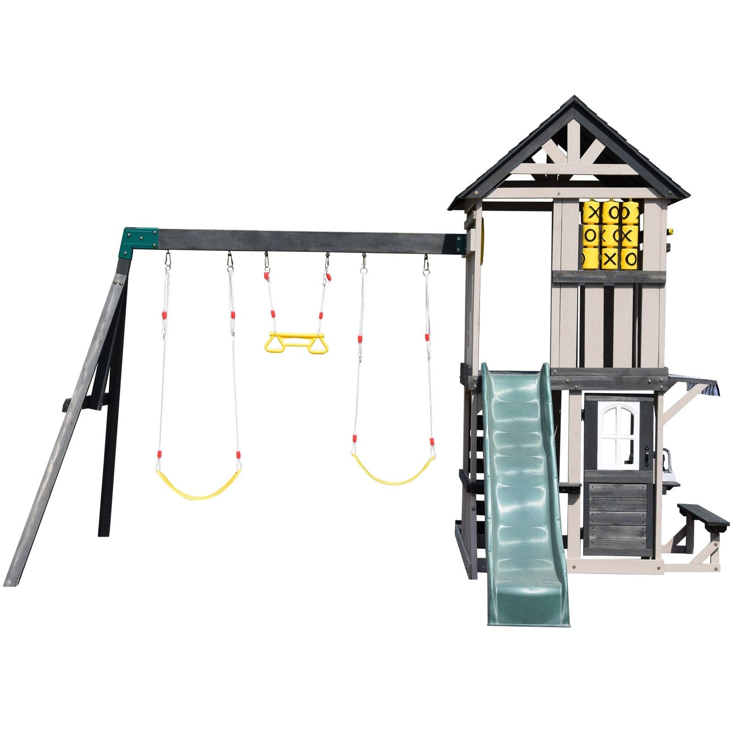 Cedar Wood Swing Set with Wave Slide, Play Kitchen, Rock Wall Ladder, Belt Swings, Toy Telescope, Steering Wheel, Tic-Tac-Toe, Balconies, Outdoor Playhouse Playground Set for Backyard Garden