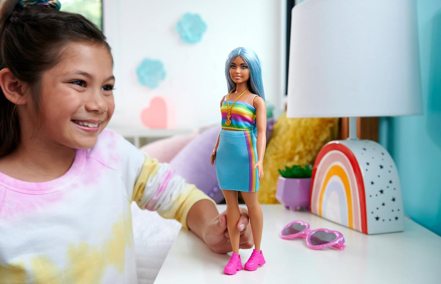 Barbie Fashionistas 65th Anniversary Doll #219 with Long Blue Hair Wears Rainbow Top & Teal Skirt for Ages 3 Years & Up