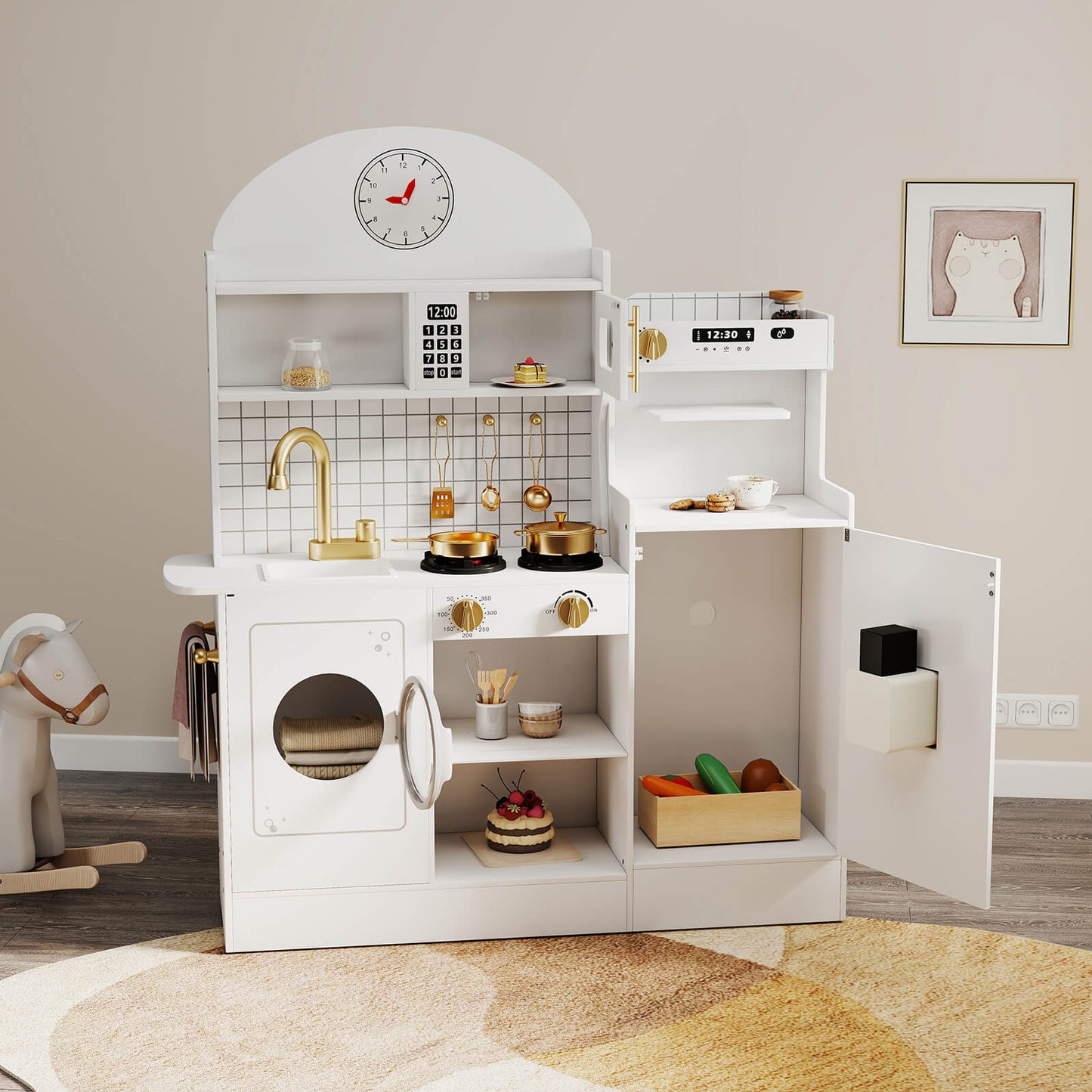 Kids Play Kitchen Set, Pretend Wooden Kid Kitchen Playset Toy Kitchen w/Sound and Light, Oven, Washing Machine, Toy Coffee Station and Toddler Kitchen Accessories for Kids Age 3+