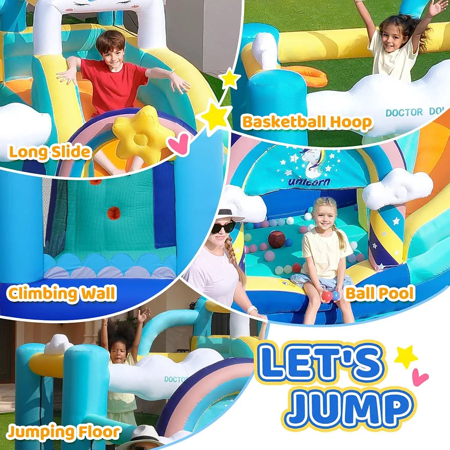 Doctor Dolphin Inflatable Bounce House, Unicorn Bounce House with Slide, Inflatable Bouncy House with Ball Pits, Jump Bouncer for Kids Age 4-8, Bouncing House with Basketball Hoop for Backyard pump is also including Free