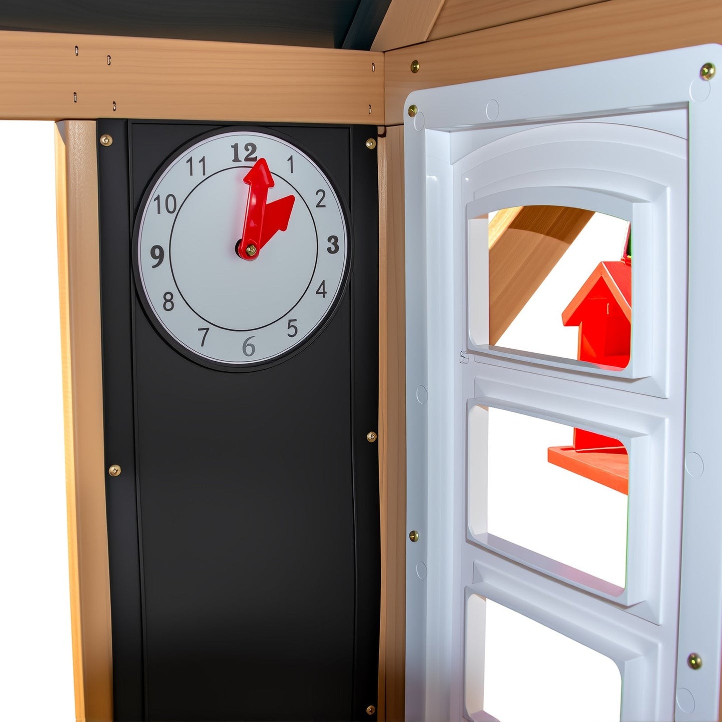 Kids Outdoor Playhouse, Wooden Outside Playhouse, Kids Playhouse for Backyard Garden with Play Kitchen, Chalkboard, Windows, Flower Pot, Birdcage, Bench & Pet Door
