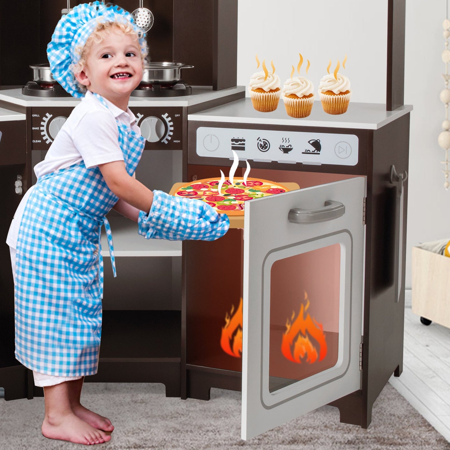Kids Play Kitchen,Corner Wooden Pretend Toddler Kitchen Toys Playset with Realistic Lights & Sounds,Microwave Oven,Water Dispenser, Phone, Sink,Cooking Accessories, for Ages 3+, Brown