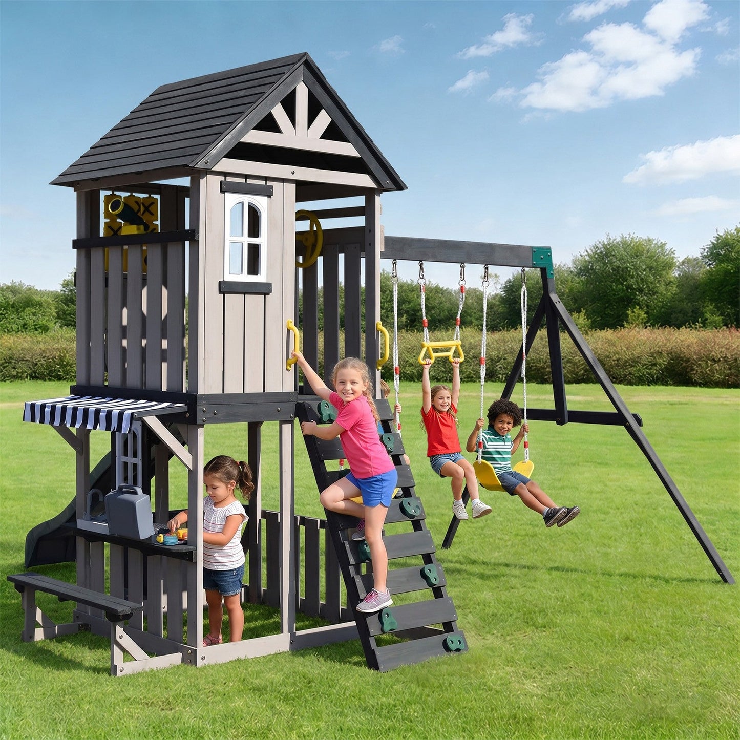 Cedar Wood Swing Set with Wave Slide, Play Kitchen, Rock Wall Ladder, Belt Swings, Toy Telescope, Steering Wheel, Tic-Tac-Toe, Balconies, Outdoor Playhouse Playground Set for Backyard Garden