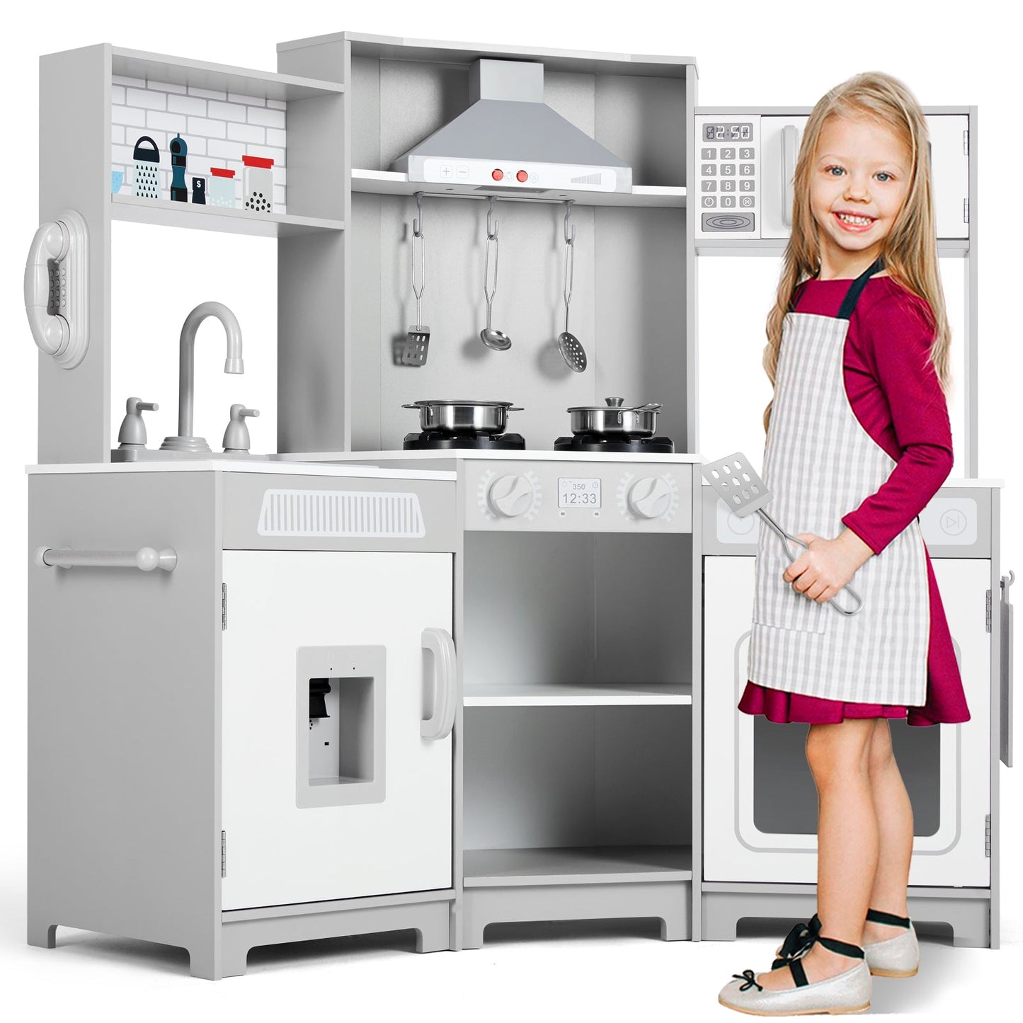 Kids Play Kitchen,Corner Wooden Pretend Toddler Kitchen Toys Playset with Realistic Lights & Sounds,Microwave Oven,Water Dispenser, Phone, Sink,Cooking Accessories, for Ages 3+, White
