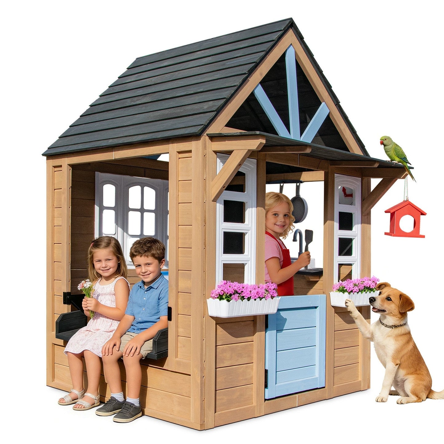 Kids Outdoor Playhouse, Wooden Outside Playhouse, Kids Playhouse for Backyard Garden with Play Kitchen, Chalkboard, Windows, Flower Pot, Birdcage, Bench & Pet Door