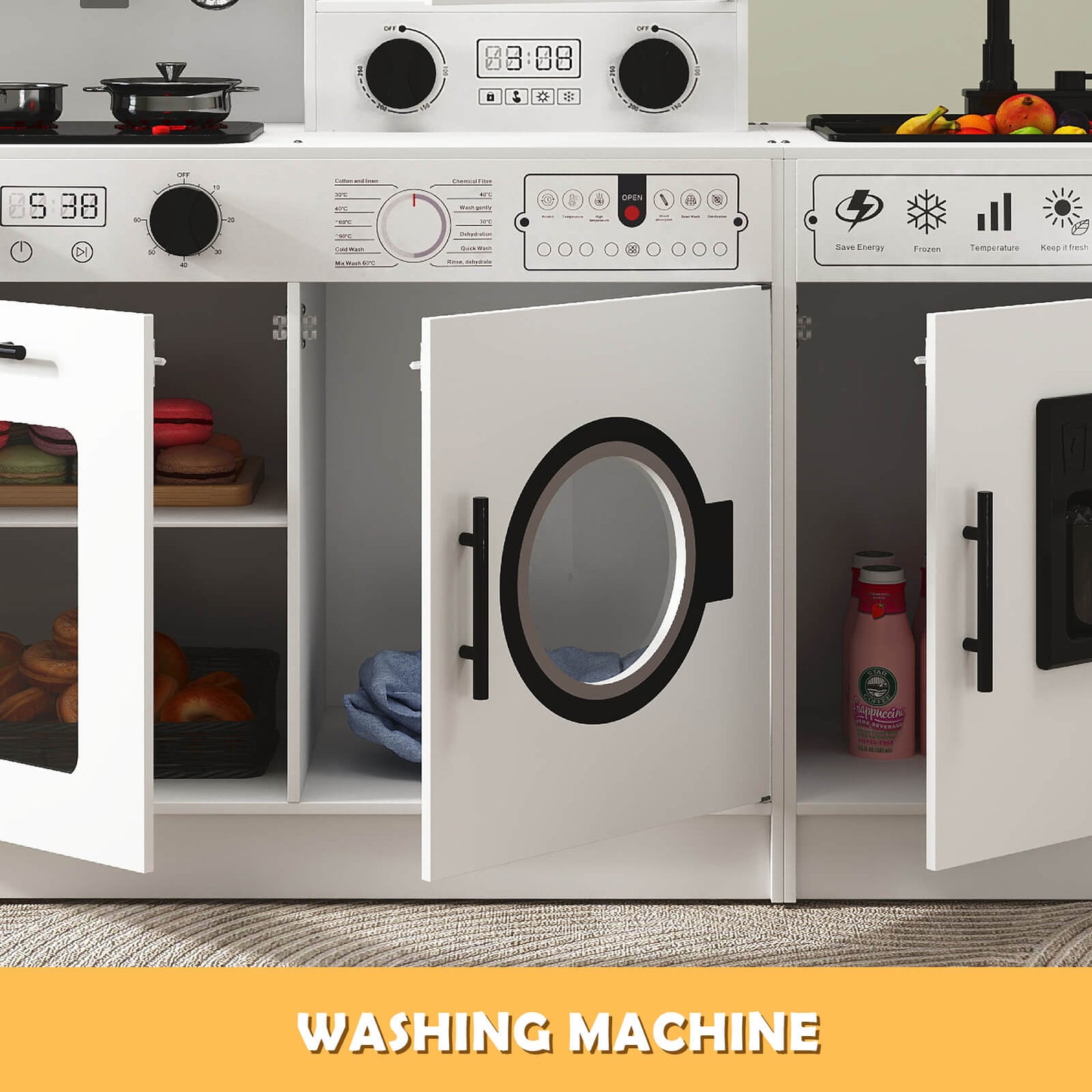 Play Kitchen, Wooden Kids Play Kitchen Playset Chef Pretend Play Set for Toddlers w/Sound and Light, Running Water, Oven, Washing Machine and Cookware Accessories for Age 3+ Toddlers