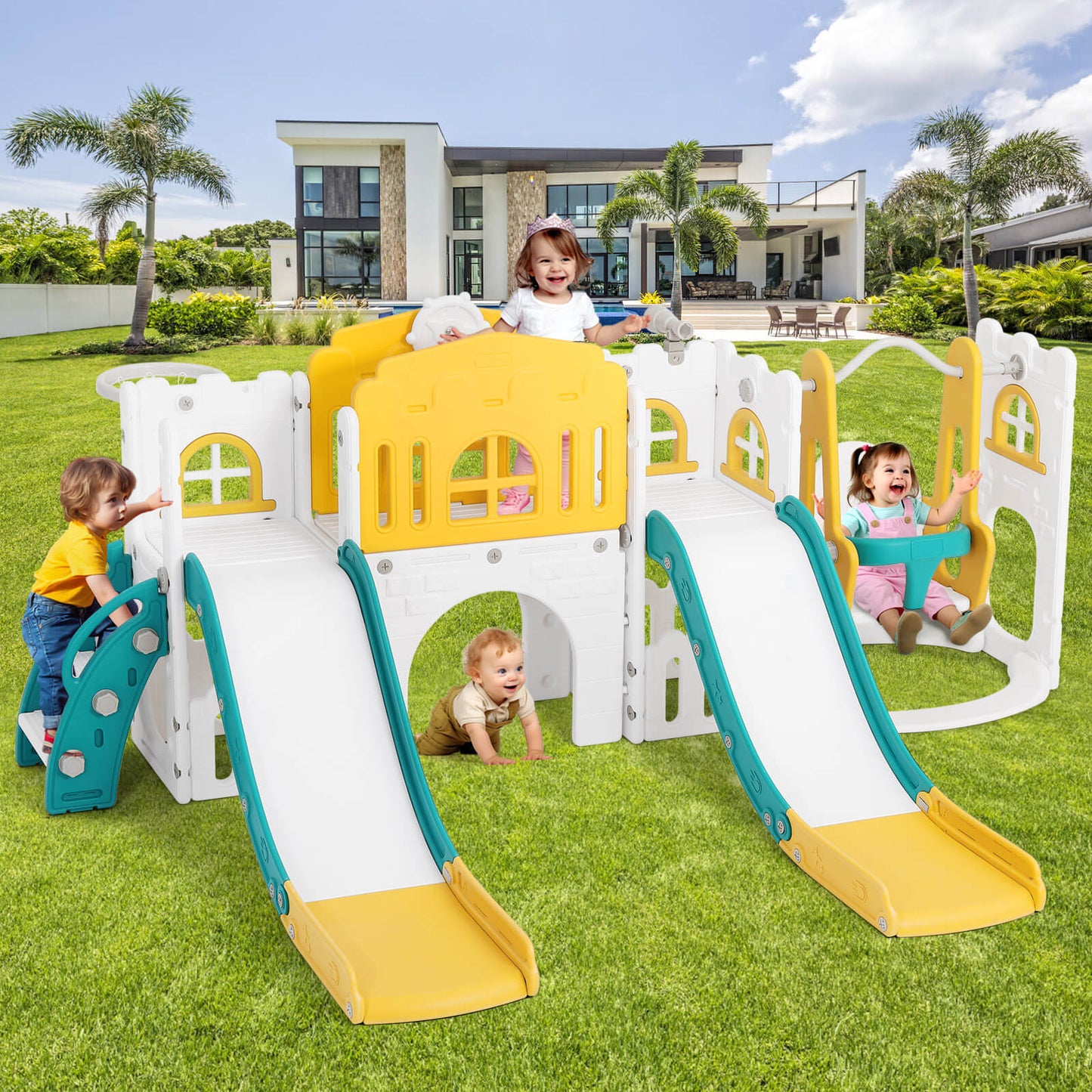 10 in 1 Toddler Slide, Double Kid Climber Slide Playset w/Swing, Indoor Outdoor Toy for Toddlers Age 1-3+