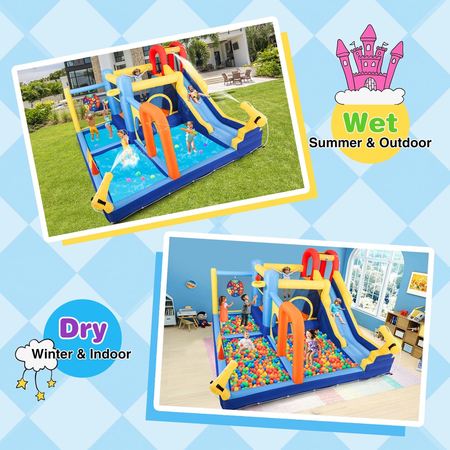 Inflatable Water Slide,Water Park Bounce House,Slide Bouncer Castle Playhouse, 550W Air Blower