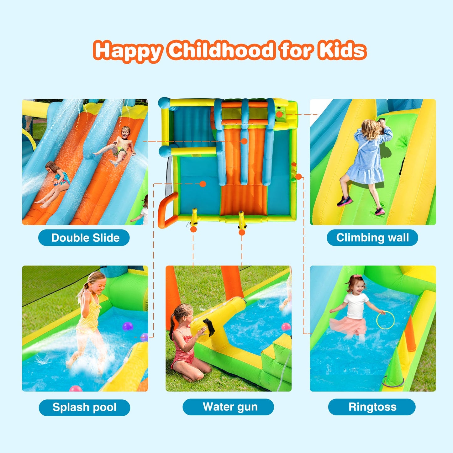 Inflatable Water Slide, Giant Water Park Bounce House with 2 Long Slides, Splash Pool, Trampoline, Climbing Wall, Ring Toss Game, 550W Air Blower