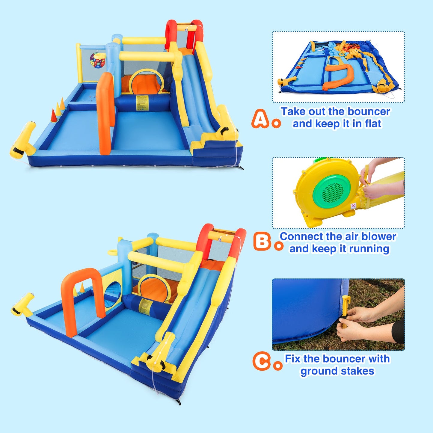 Inflatable Water Slide,Water Park Bounce House,Slide Bouncer Castle Playhouse, 550W Air Blower