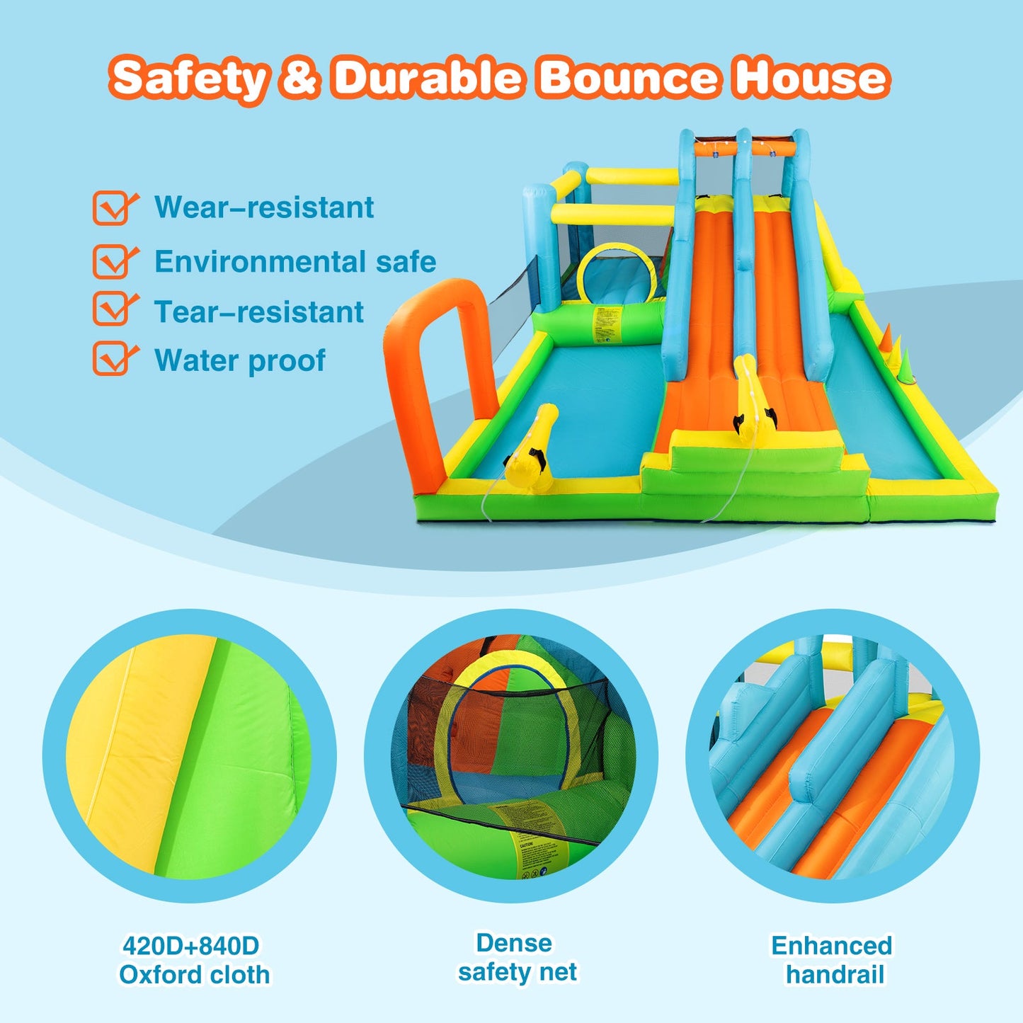 Inflatable Water Slide, Giant Water Park Bounce House with 2 Long Slides, Splash Pool, Trampoline, Climbing Wall, Ring Toss Game, 550W Air Blower