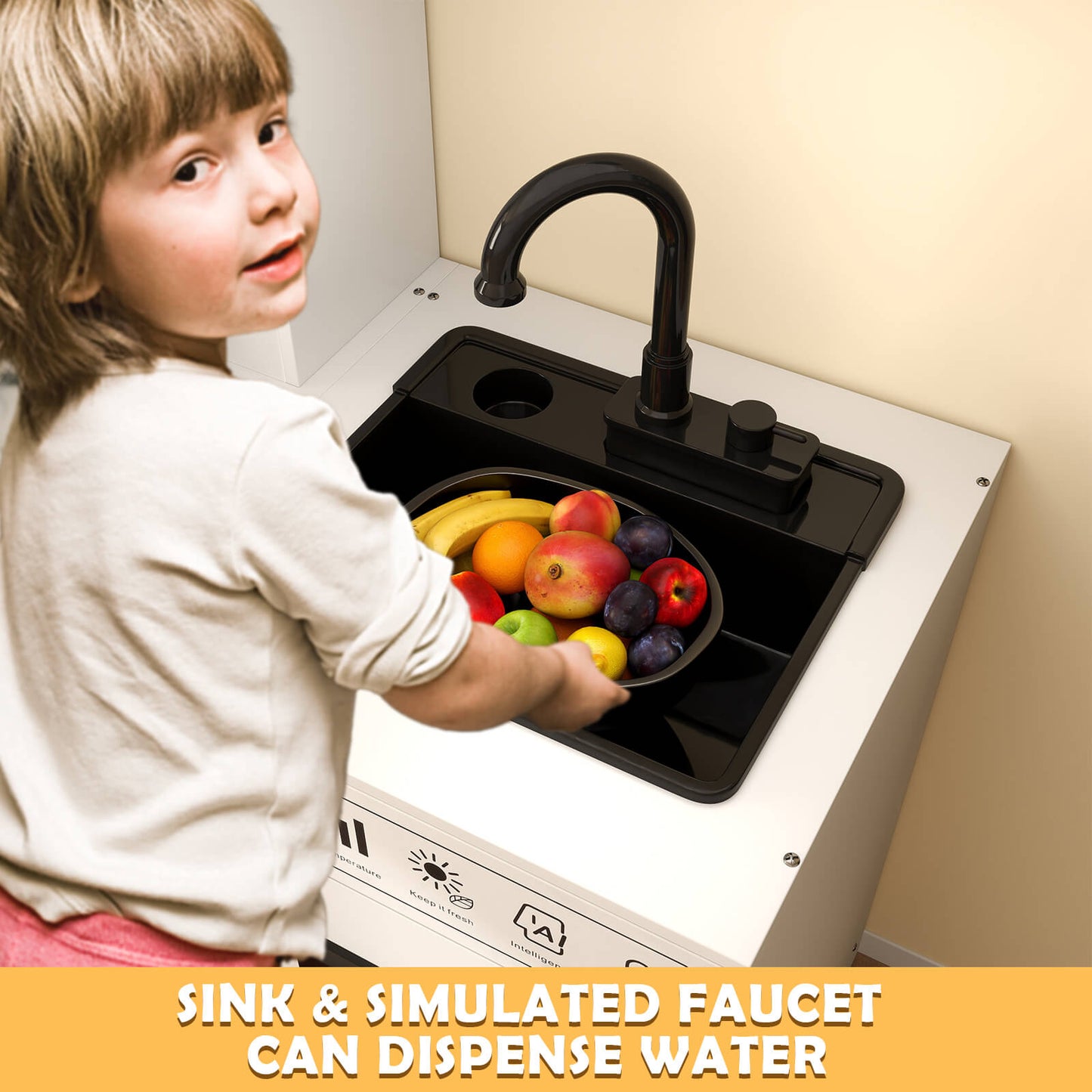 Play Kitchen, Wooden Kids Play Kitchen Playset Chef Pretend Play Set for Toddlers w/Sound and Light, Running Water, Oven, Washing Machine and Cookware Accessories for Age 3+ Toddlers