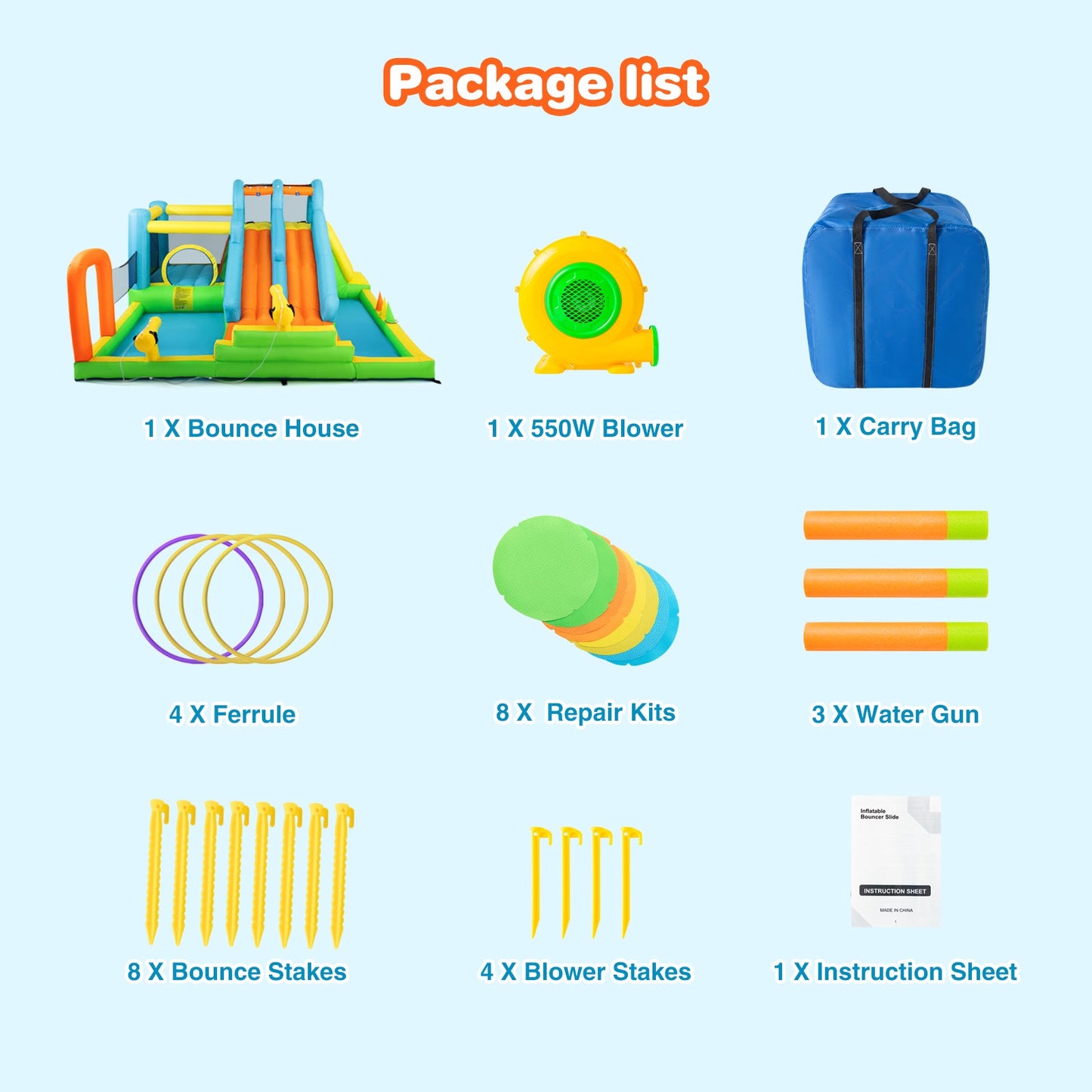 Inflatable Water Slide, Giant Water Park Bounce House with 2 Long Slides, Splash Pool, Trampoline, Climbing Wall, Ring Toss Game, 550W Air Blower