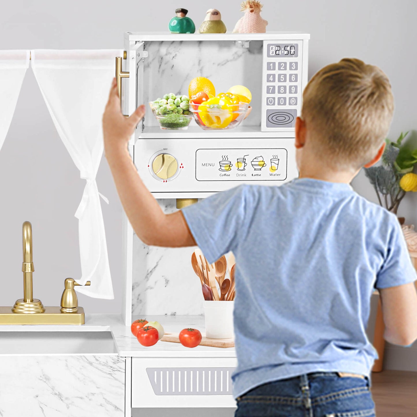Play Kitchen, Wooden Kids Play Kitchen Playset Chef Pretend Play Set for Toddlers w/Ice Cube Dispenser, Oven, Cooking Accessories,Trendy Home Style w/Curtains, Storange Box, Gift for Ages 3+