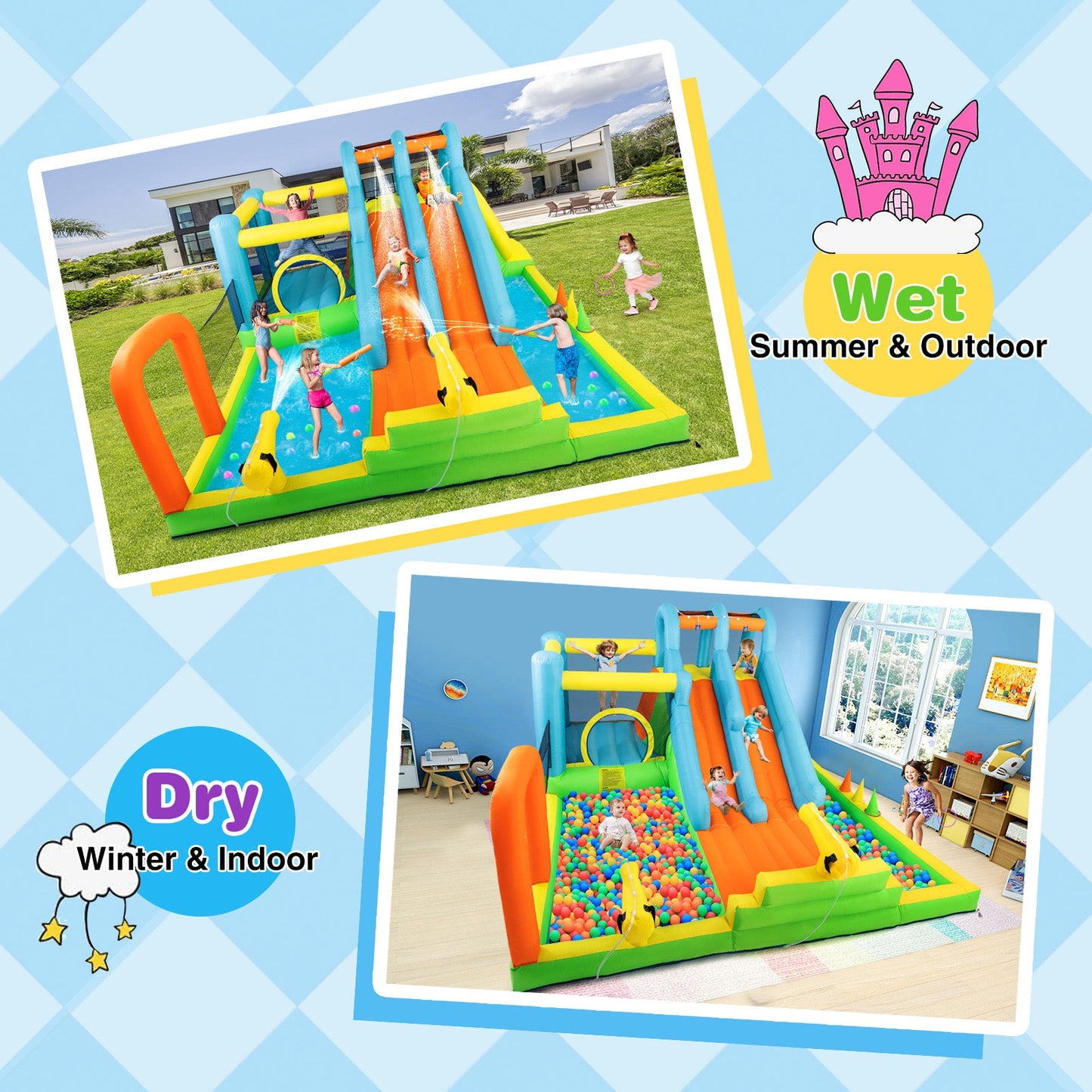 Inflatable Water Slide, Giant Water Park Bounce House with 2 Long Slides, Splash Pool, Trampoline, Climbing Wall, Ring Toss Game, 550W Air Blower