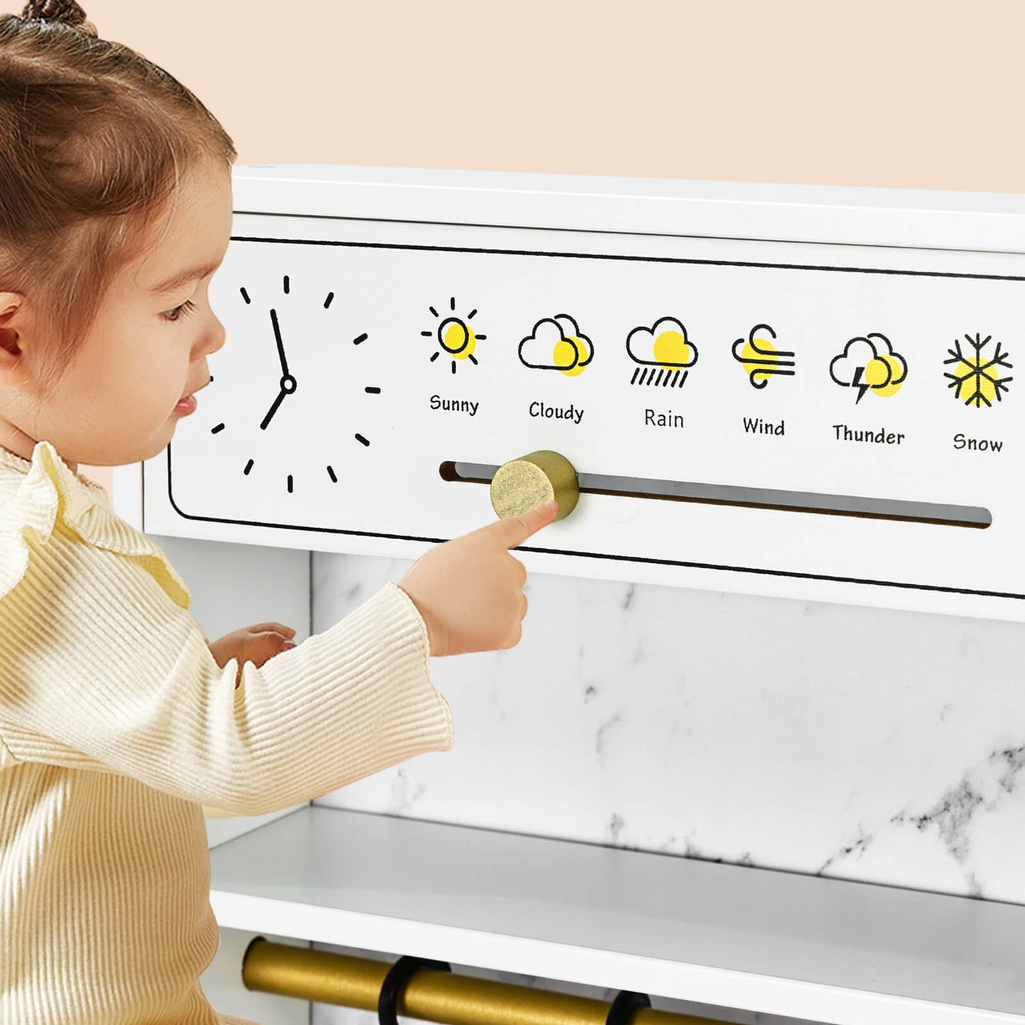 Play Kitchen, Wooden Kids Play Kitchen Playset Chef Pretend Play Set for Toddlers w/Ice Cube Dispenser, Oven, Cooking Accessories,Trendy Home Style w/Curtains, Storange Box, Gift for Ages 3+