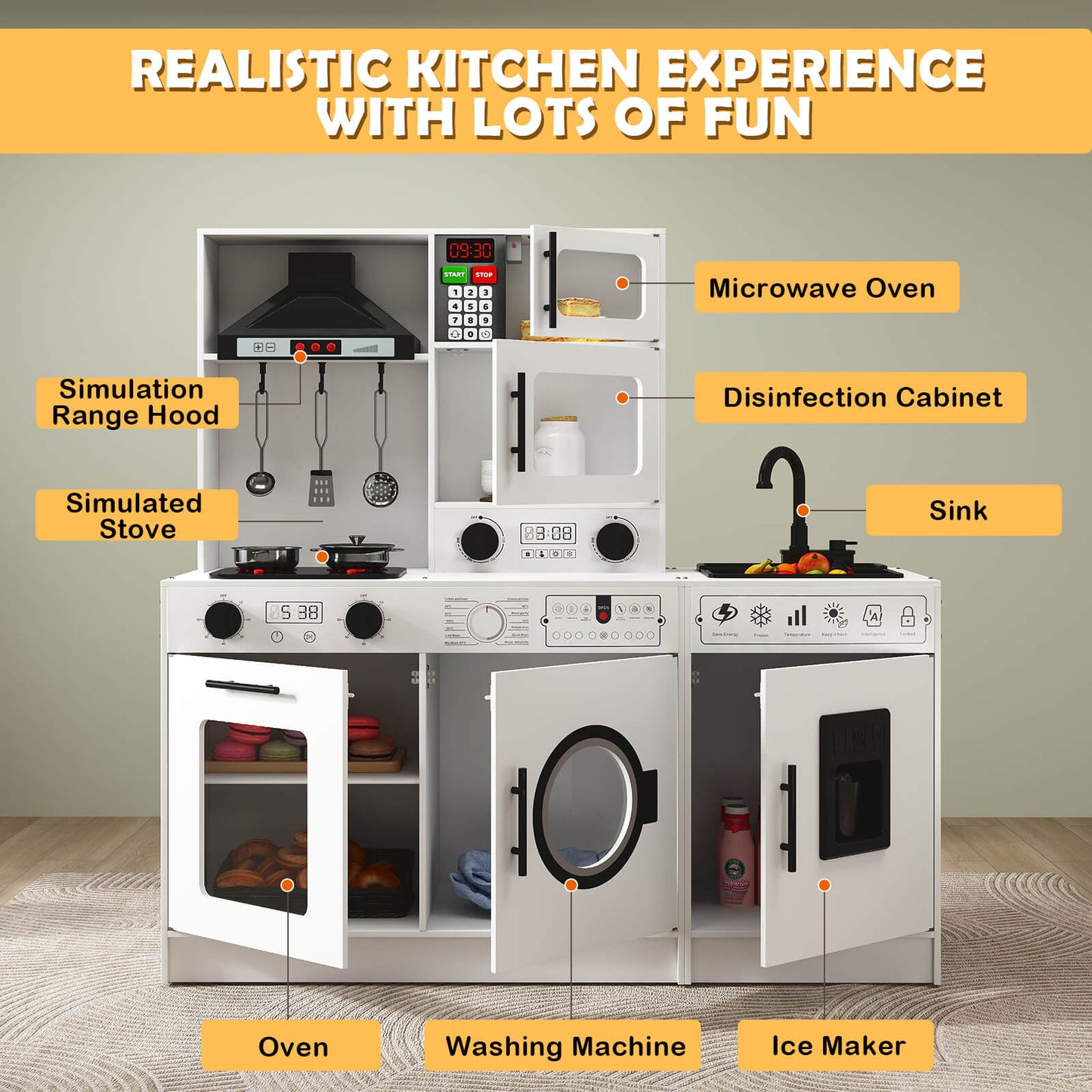 Play Kitchen, Wooden Kids Play Kitchen Playset Chef Pretend Play Set for Toddlers w/Sound and Light, Running Water, Oven, Washing Machine and Cookware Accessories for Age 3+ Toddlers