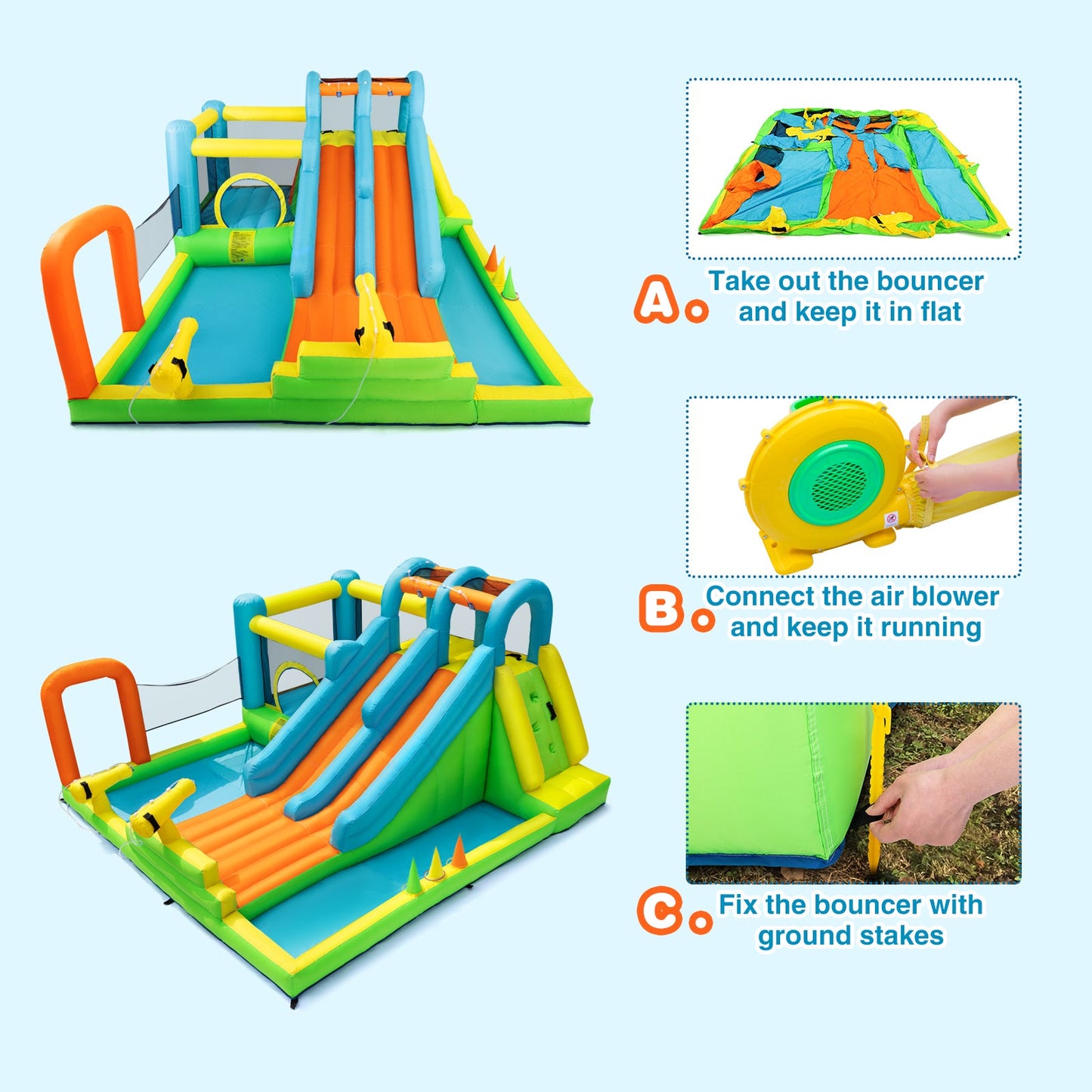 Inflatable Water Slide, Giant Water Park Bounce House with 2 Long Slides, Splash Pool, Trampoline, Climbing Wall, Ring Toss Game, 550W Air Blower