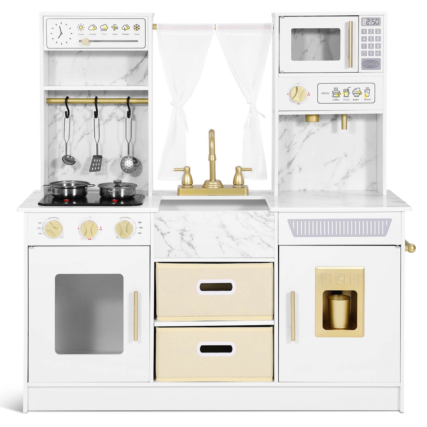 Play Kitchen, Wooden Kids Play Kitchen Playset Chef Pretend Play Set for Toddlers w/Ice Cube Dispenser, Oven, Cooking Accessories,Trendy Home Style w/Curtains, Storange Box, Gift for Ages 3+