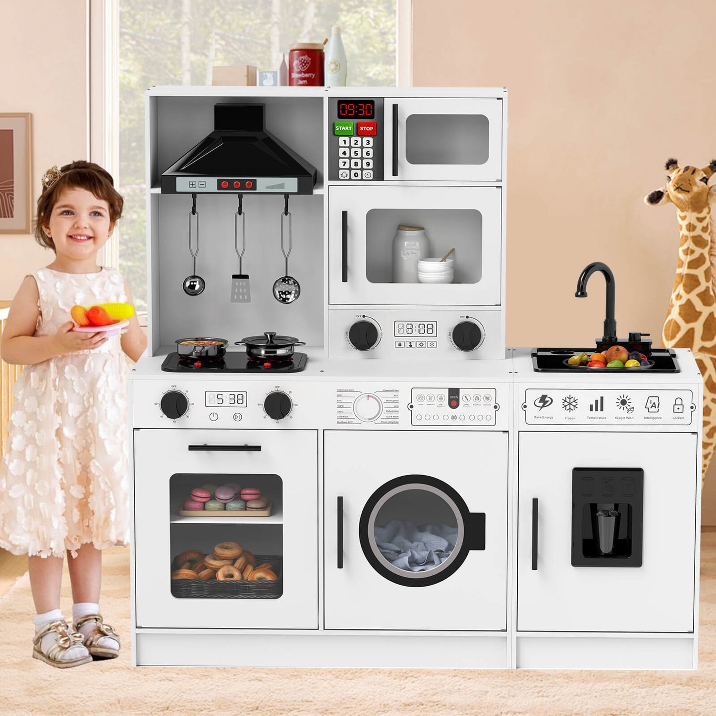 Play Kitchen, Wooden Kids Play Kitchen Playset Chef Pretend Play Set for Toddlers w/Sound and Light, Running Water, Oven, Washing Machine and Cookware Accessories for Age 3+ Toddlers