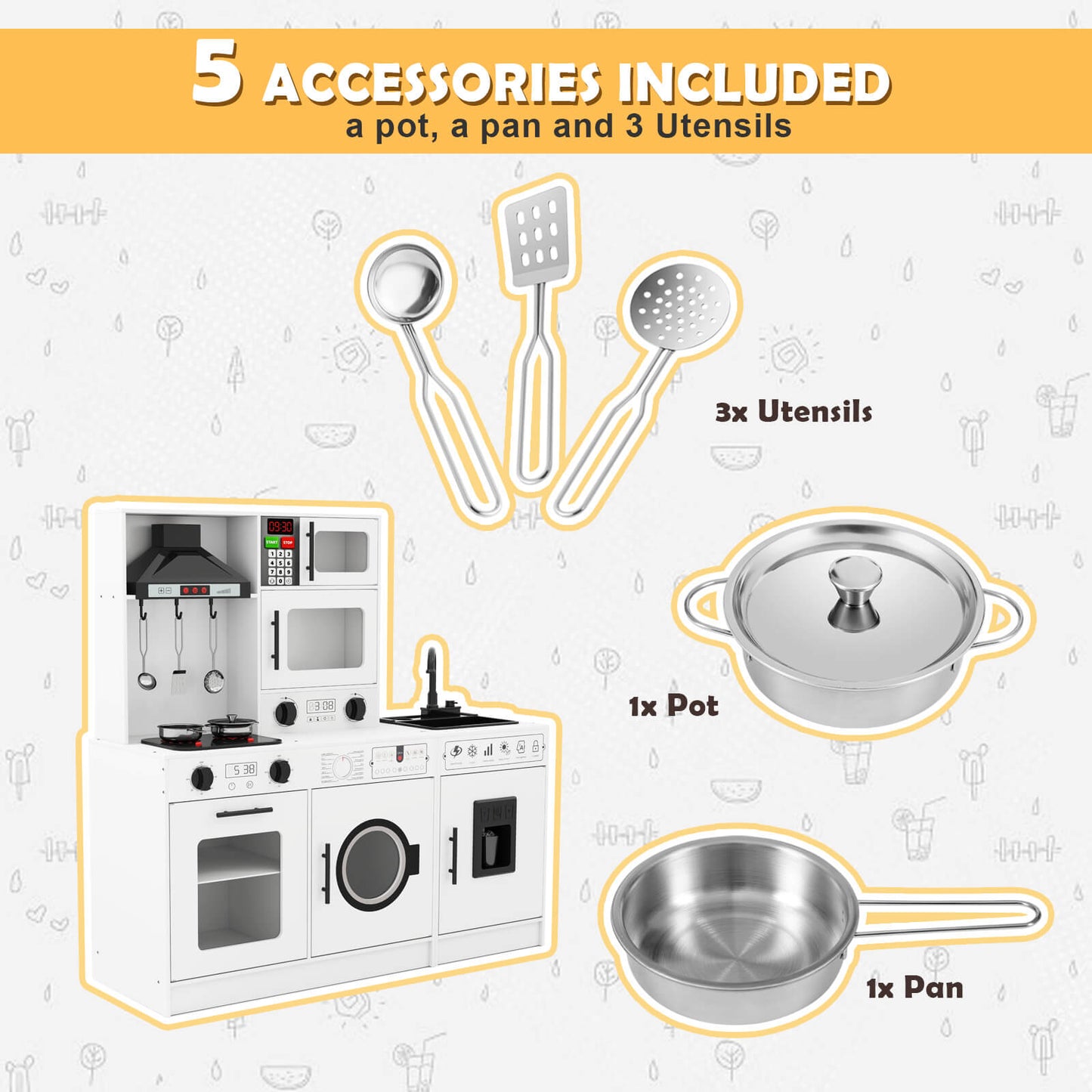 Play Kitchen, Wooden Kids Play Kitchen Playset Chef Pretend Play Set for Toddlers w/Sound and Light, Running Water, Oven, Washing Machine and Cookware Accessories for Age 3+ Toddlers