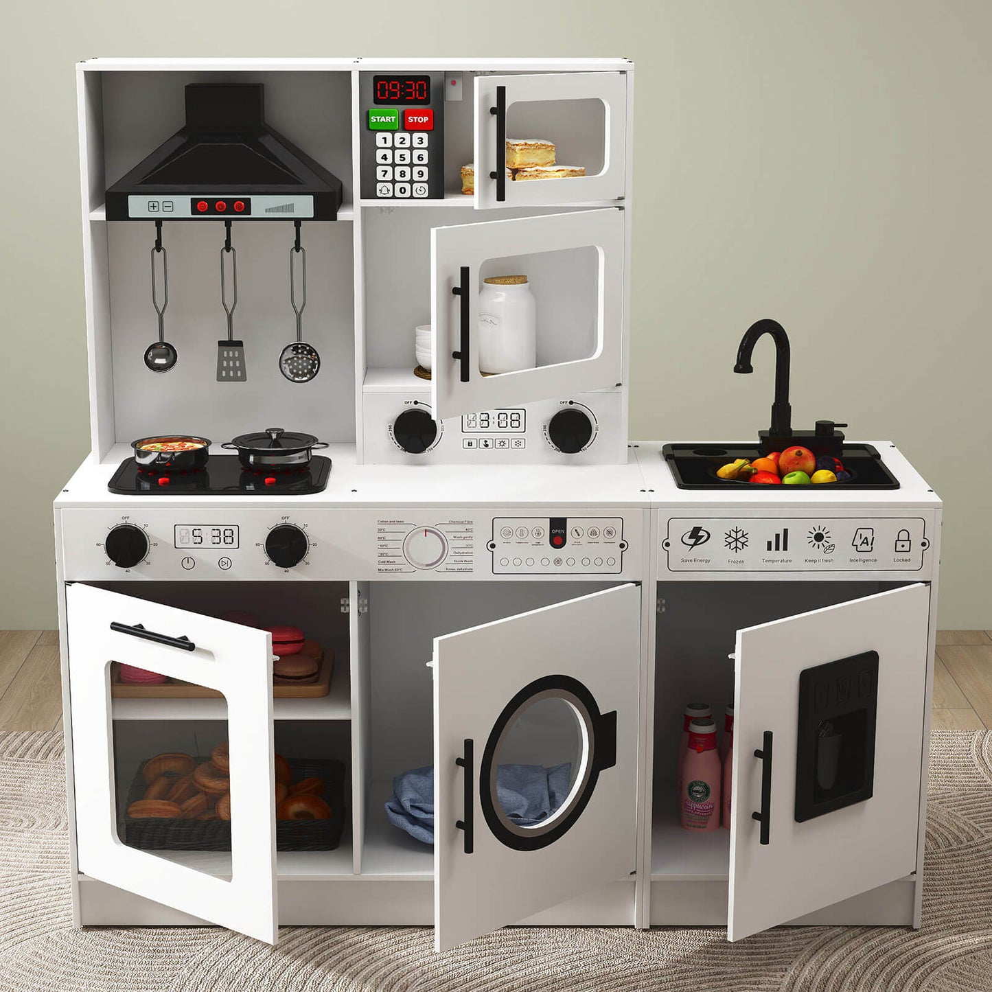 Play Kitchen, Wooden Kids Play Kitchen Playset Chef Pretend Play Set for Toddlers w/Sound and Light, Running Water, Oven, Washing Machine and Cookware Accessories for Age 3+ Toddlers