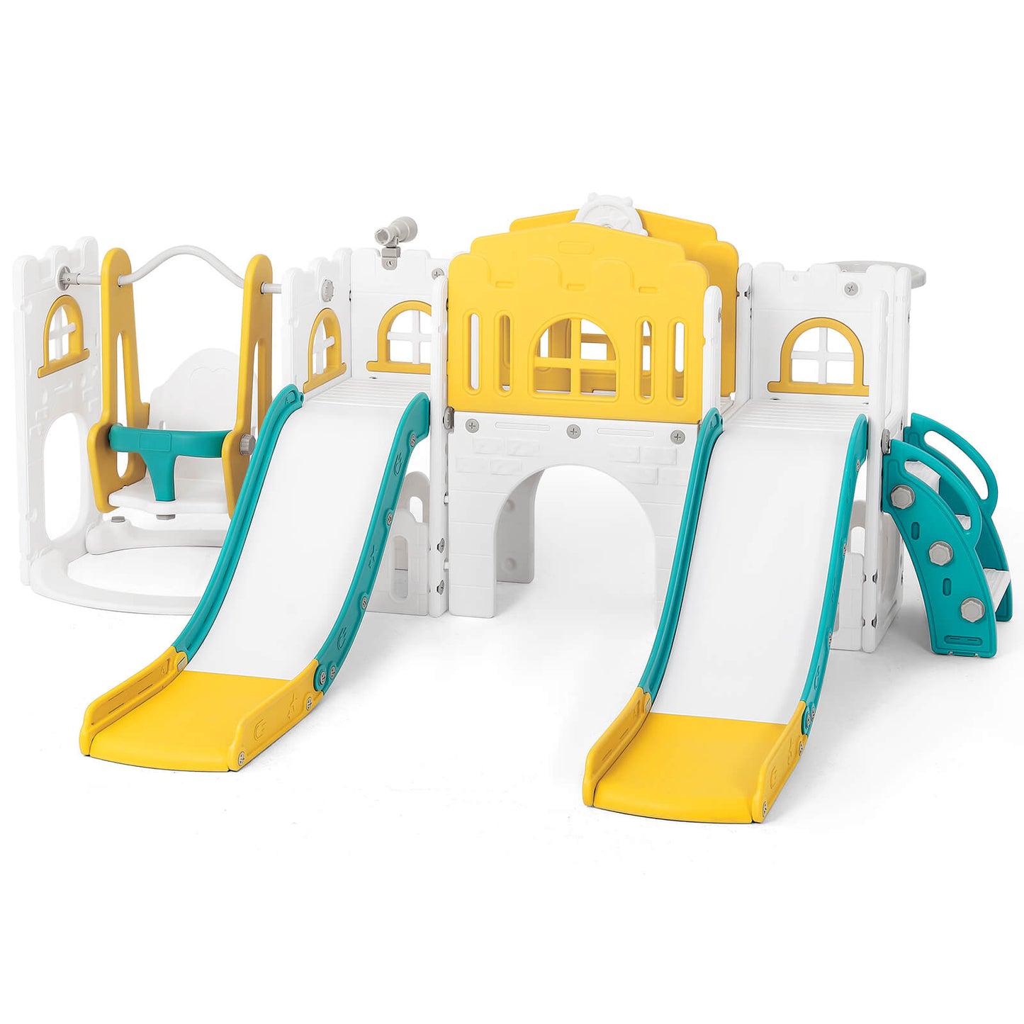 10 in 1 Toddler Slide, Double Kid Climber Slide Playset w/Swing, Indoor Outdoor Toy for Toddlers Age 1-3+