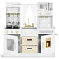 Play Kitchen, Wooden Kids Play Kitchen Playset Chef Pretend Play Set for Toddlers w/Ice Cube Dispenser, Oven, Cooking Accessories,Trendy Home Style w/Curtains, Storange Box, Gift for Ages 3+