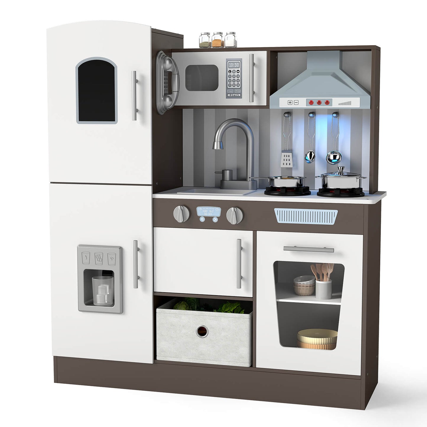 Kids Play Kitchen Set, Pretend Wooden Kid Kitchen Playset Toy Kitchen w/Sound and Light, Oven, Ice Maker, Blackboard & Toy Storage Box, Toddler Kitchen Accessories for Kids Ages 3+