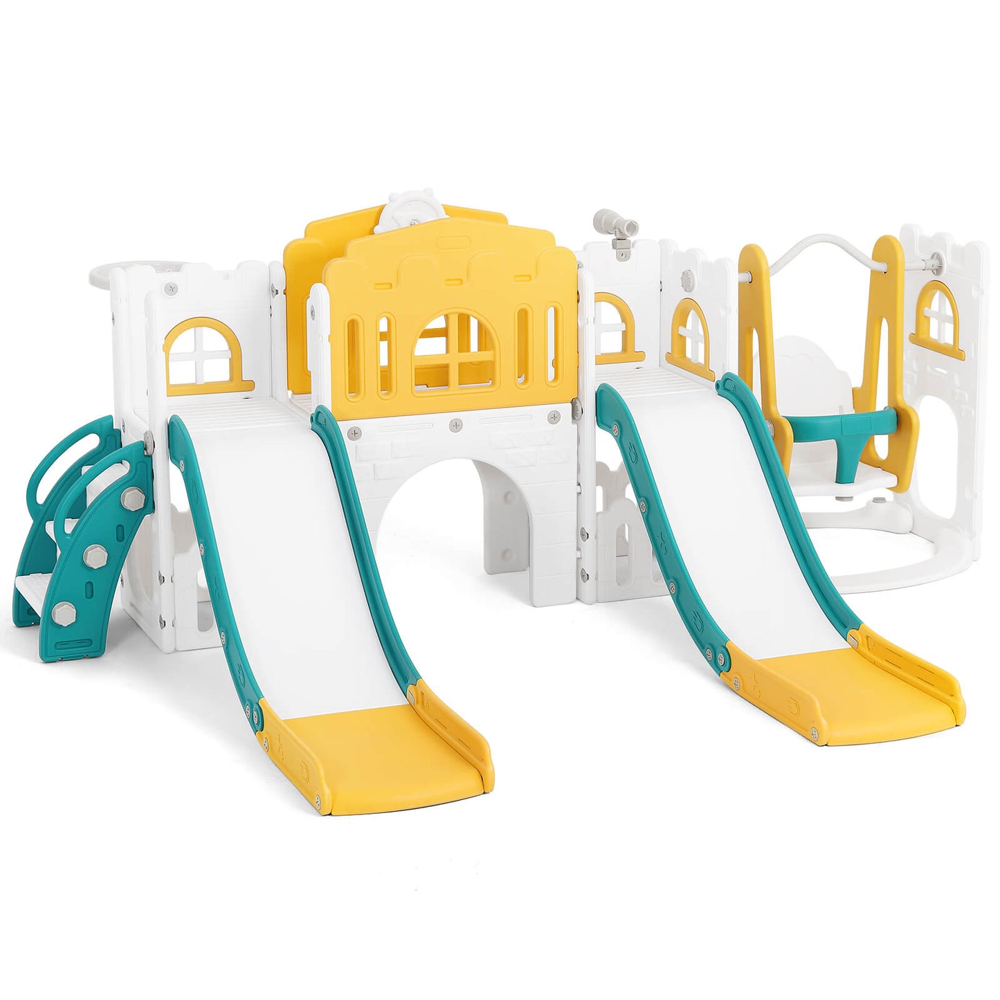 10 in 1 Toddler Slide, Double Kid Climber Slide Playset w/Swing, Indoor Outdoor Toy for Toddlers Age 1-3+