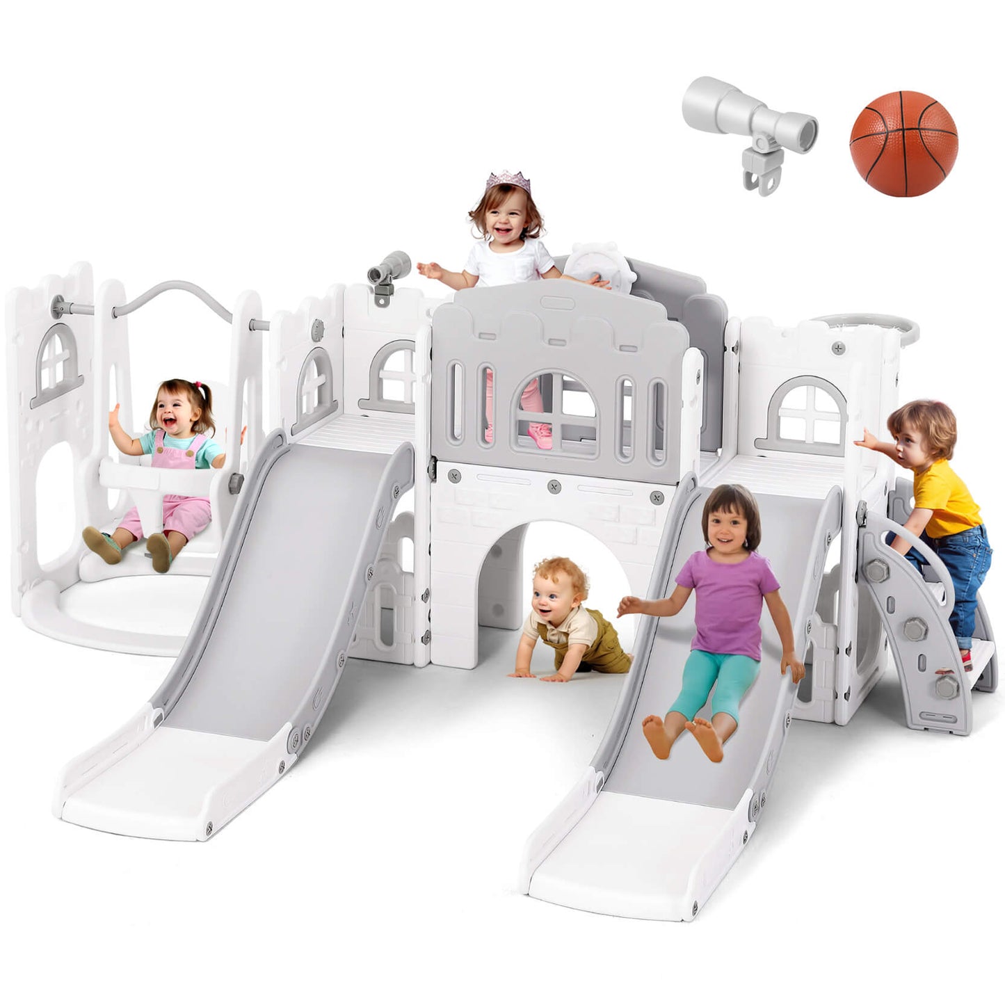 10 in 1 Toddler Slide, Double Kid Climber Slide Playset w/Swing, Indoor Outdoor Toy for Toddlers Age 1-3+