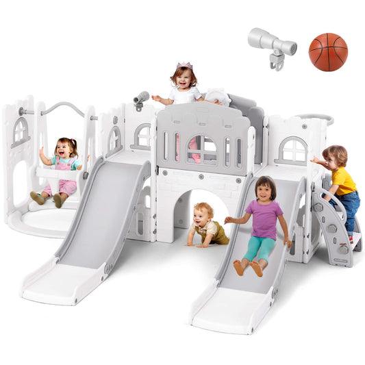 10 in 1 Toddler Slide, Double Kid Climber Slide Playset w/Swing, Indoor Outdoor Toy for Toddlers Age 1-3+
