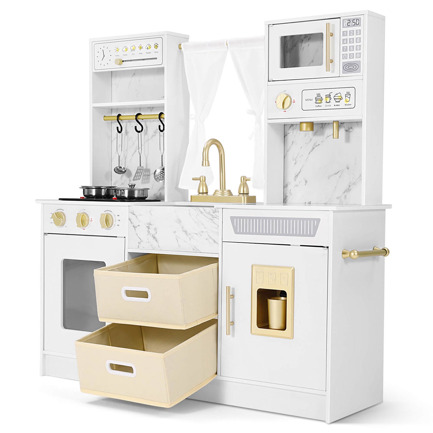 Play Kitchen, Wooden Kids Play Kitchen Playset Chef Pretend Play Set for Toddlers w/Ice Cube Dispenser, Oven, Cooking Accessories,Trendy Home Style w/Curtains, Storange Box, Gift for Ages 3+