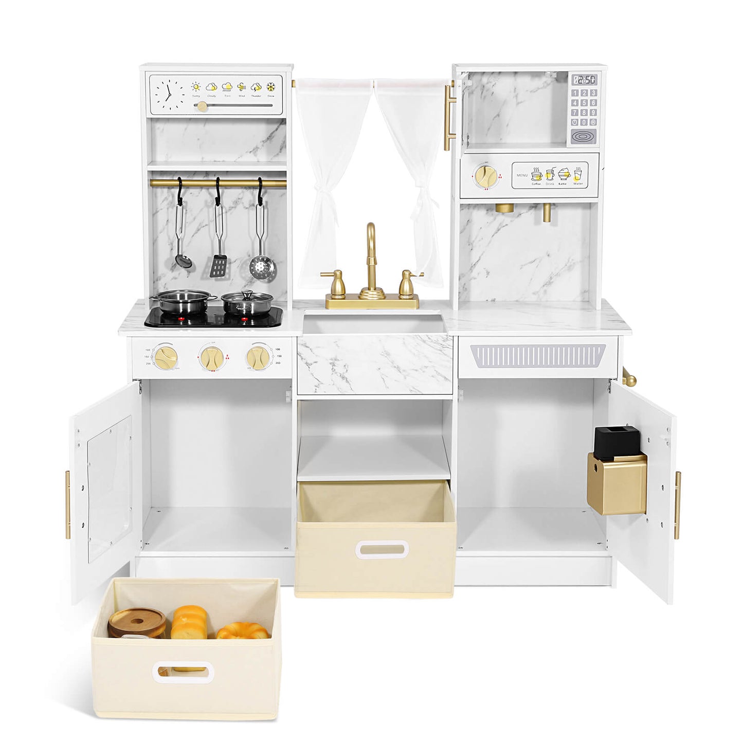 Play Kitchen, Wooden Kids Play Kitchen Playset Chef Pretend Play Set for Toddlers w/Ice Cube Dispenser, Oven, Cooking Accessories,Trendy Home Style w/Curtains, Storange Box, Gift for Ages 3+