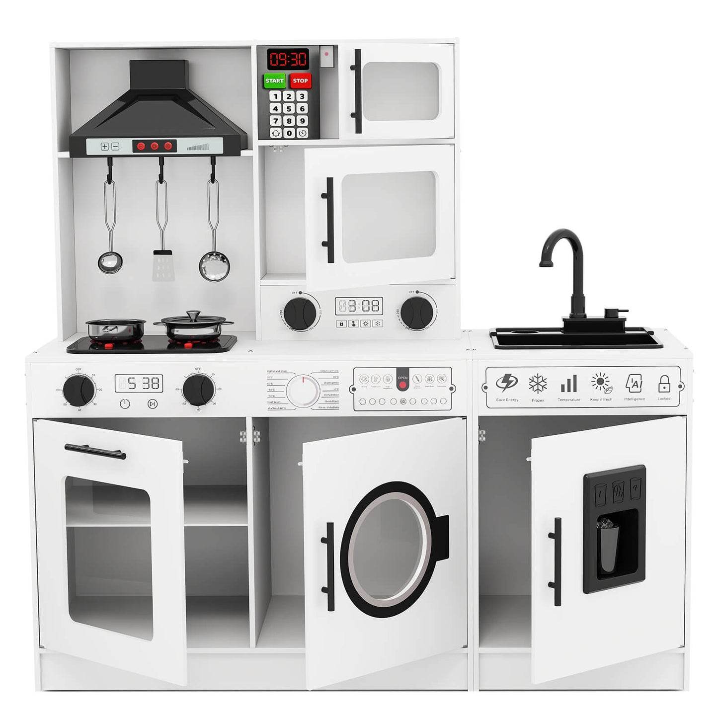 Play Kitchen, Wooden Kids Play Kitchen Playset Chef Pretend Play Set for Toddlers w/Sound and Light, Running Water, Oven, Washing Machine and Cookware Accessories for Age 3+ Toddlers