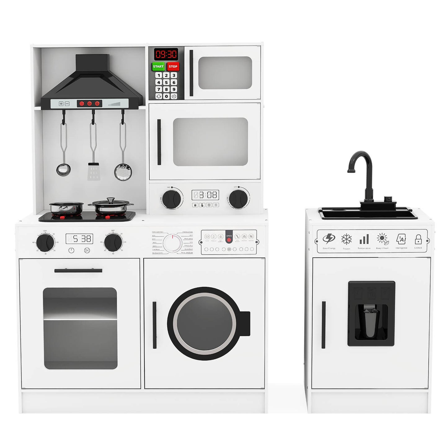 Play Kitchen, Wooden Kids Play Kitchen Playset Chef Pretend Play Set for Toddlers w/Sound and Light, Running Water, Oven, Washing Machine and Cookware Accessories for Age 3+ Toddlers