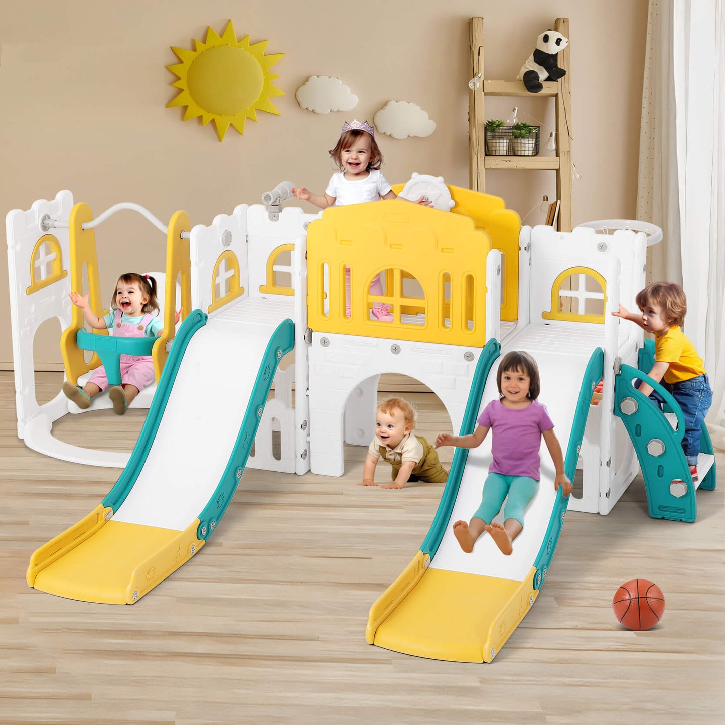 10 in 1 Toddler Slide, Double Kid Climber Slide Playset w/Swing, Indoor Outdoor Toy for Toddlers Age 1-3+