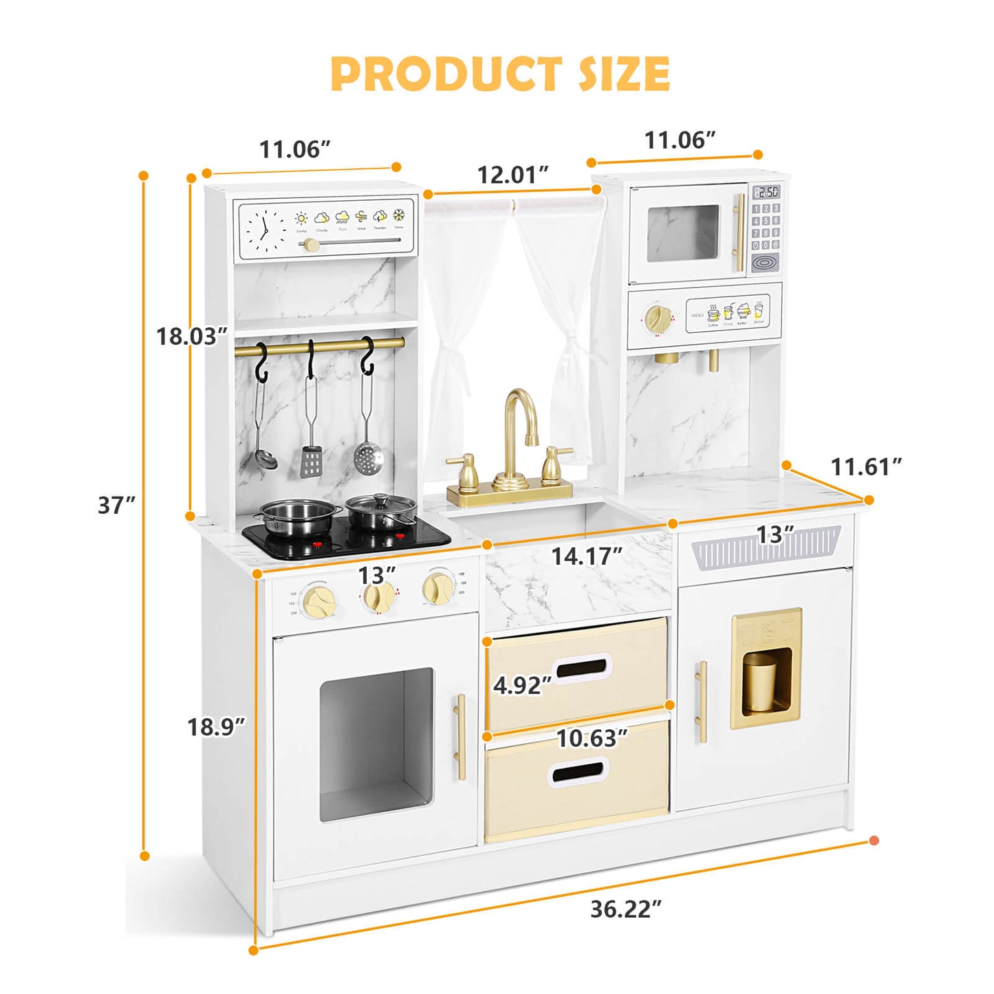 Play Kitchen, Wooden Kids Play Kitchen Playset Chef Pretend Play Set for Toddlers w/Ice Cube Dispenser, Oven, Cooking Accessories,Trendy Home Style w/Curtains, Storange Box, Gift for Ages 3+