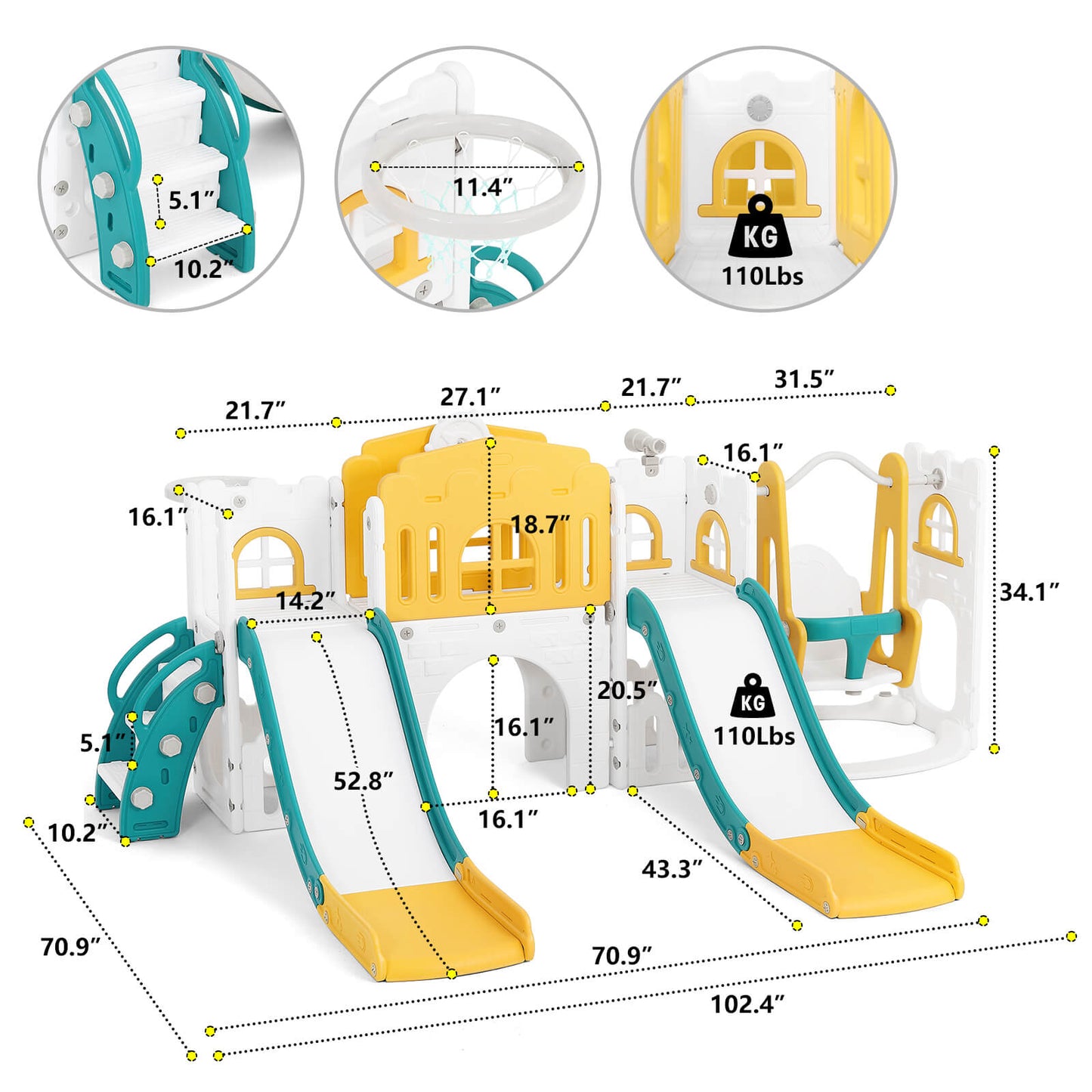 10 in 1 Toddler Slide, Double Kid Climber Slide Playset w/Swing, Indoor Outdoor Toy for Toddlers Age 1-3+