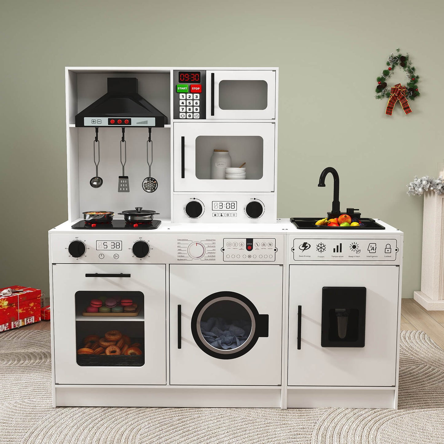 Play Kitchen, Wooden Kids Play Kitchen Playset Chef Pretend Play Set for Toddlers w/Sound and Light, Running Water, Oven, Washing Machine and Cookware Accessories for Age 3+ Toddlers