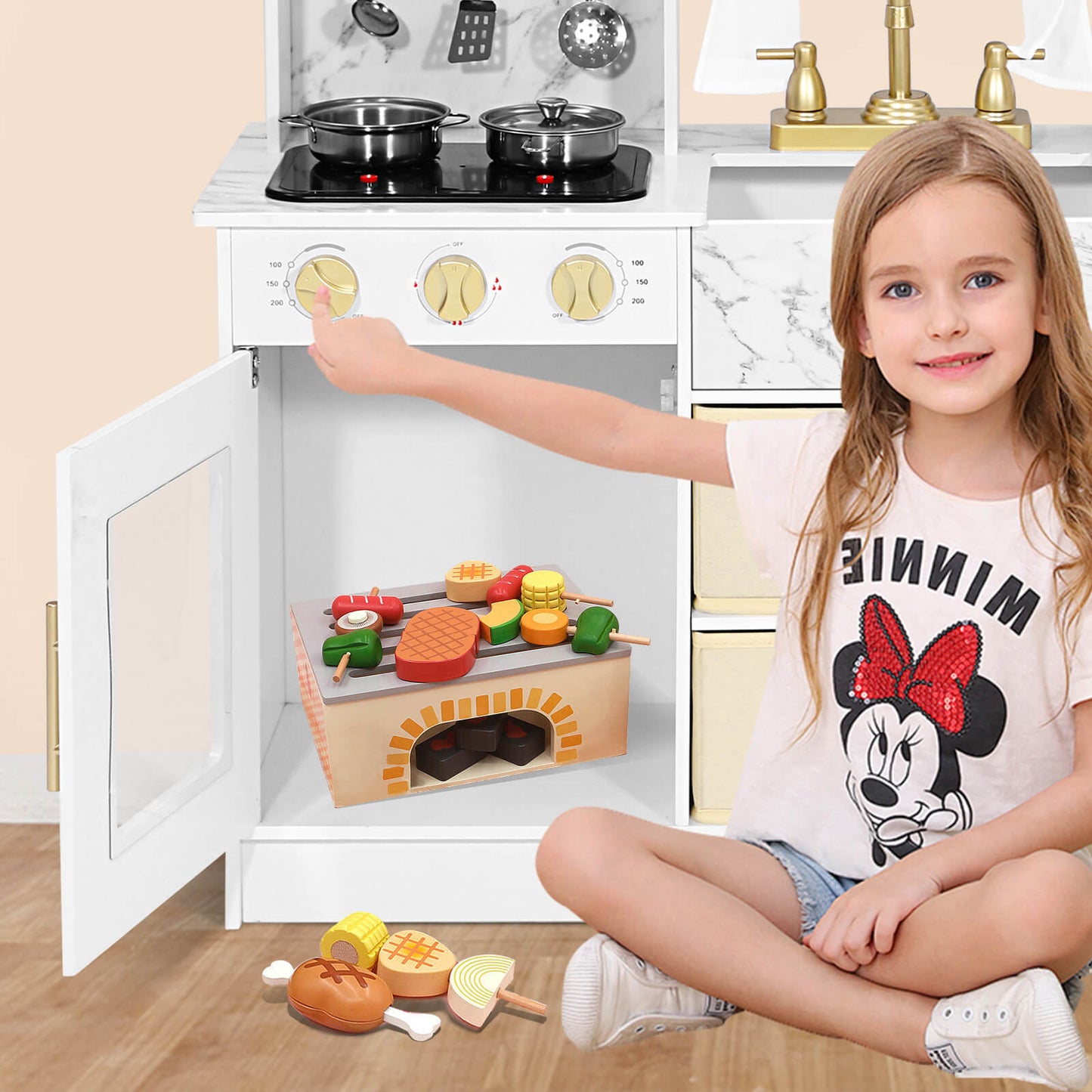 Play Kitchen, Wooden Kids Play Kitchen Playset Chef Pretend Play Set for Toddlers w/Ice Cube Dispenser, Oven, Cooking Accessories,Trendy Home Style w/Curtains, Storange Box, Gift for Ages 3+