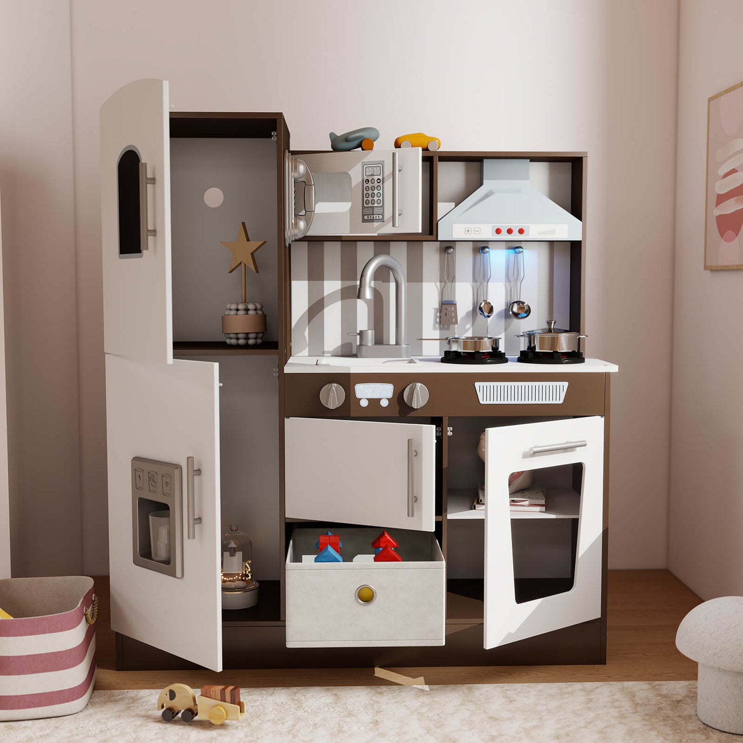 Kids Play Kitchen Set, Pretend Wooden Kid Kitchen Playset Toy Kitchen w/Sound and Light, Oven, Ice Maker, Blackboard & Toy Storage Box, Toddler Kitchen Accessories for Kids Ages 3+