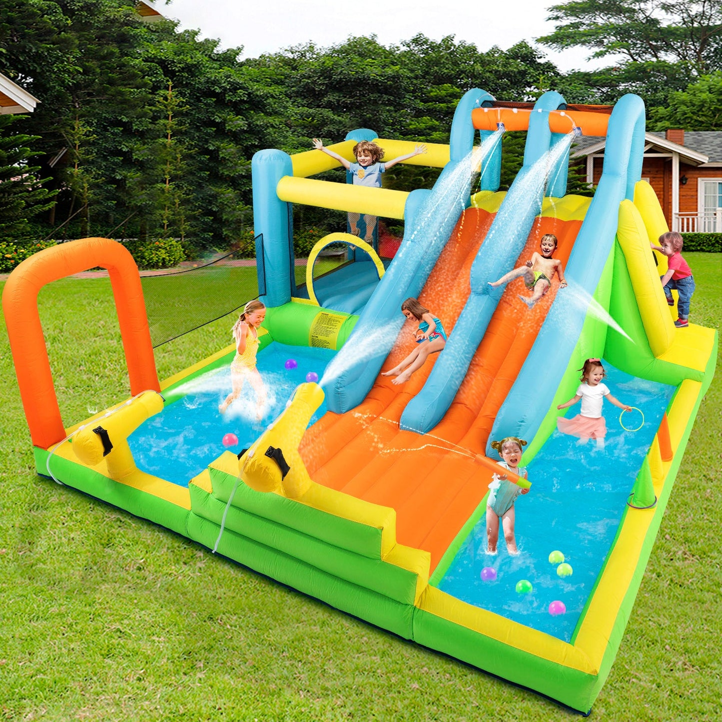 Inflatable Water Slide, Giant Water Park Bounce House with 2 Long Slides, Splash Pool, Trampoline, Climbing Wall, Ring Toss Game, 550W Air Blower