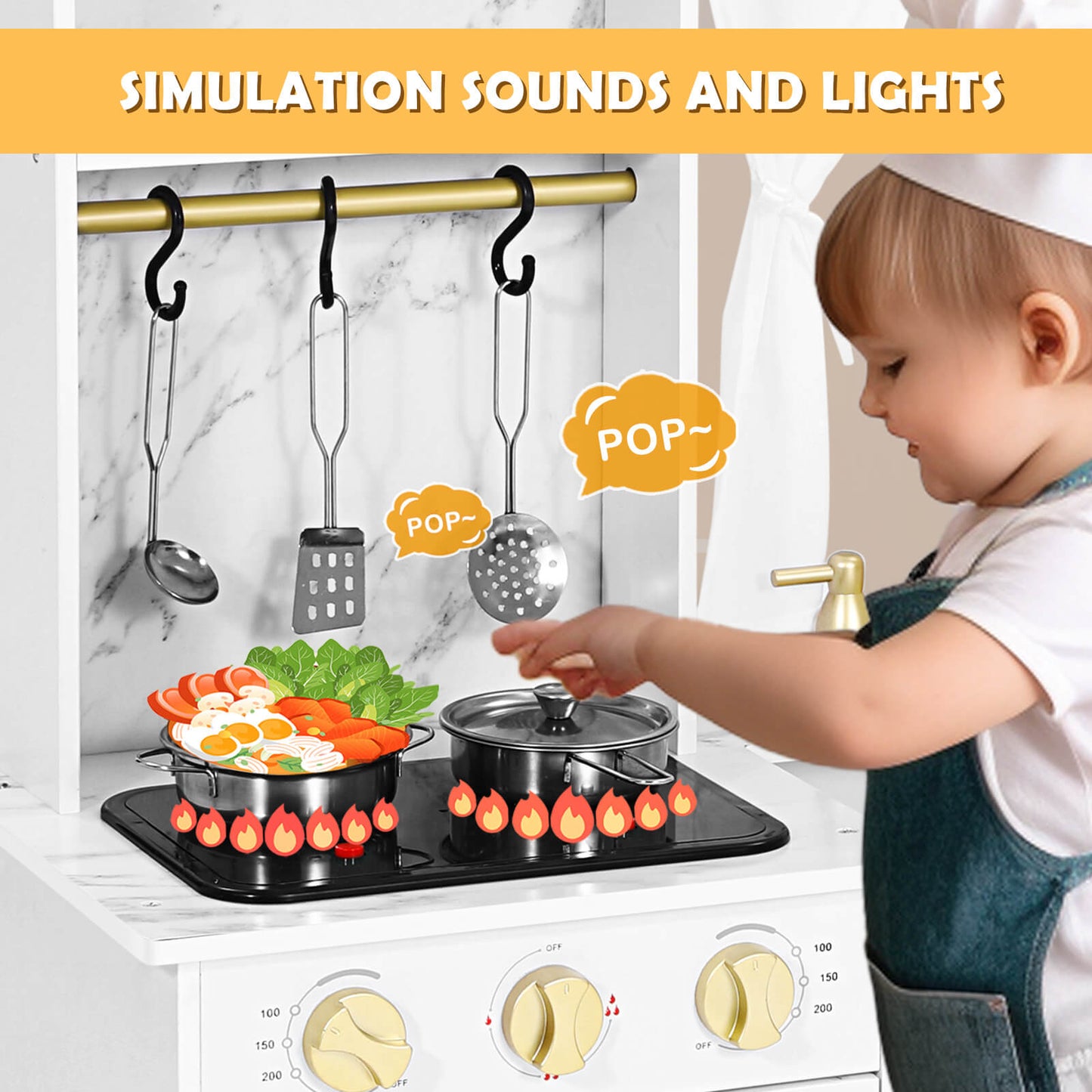 Play Kitchen, Wooden Kids Play Kitchen Playset Chef Pretend Play Set for Toddlers w/Ice Cube Dispenser, Oven, Cooking Accessories,Trendy Home Style w/Curtains, Storange Box, Gift for Ages 3+