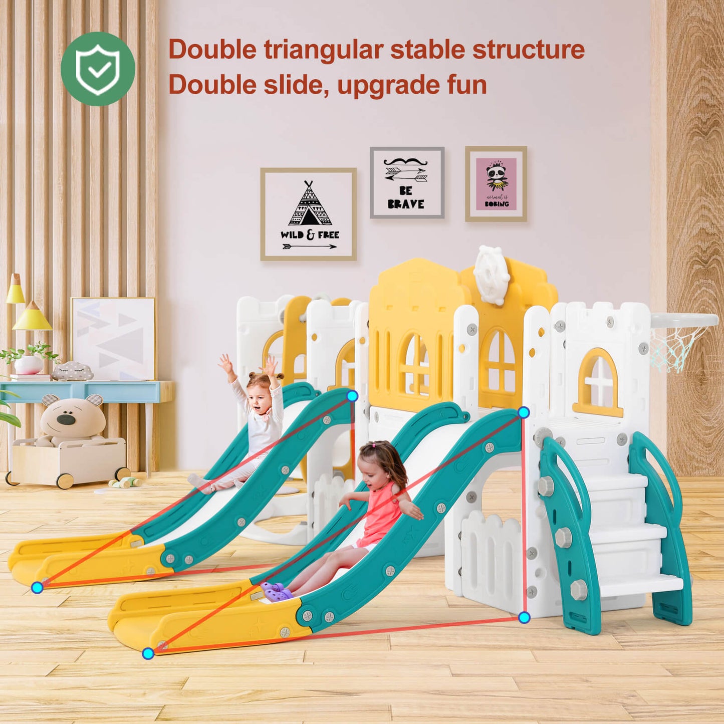 10 in 1 Toddler Slide, Double Kid Climber Slide Playset w/Swing, Indoor Outdoor Toy for Toddlers Age 1-3+