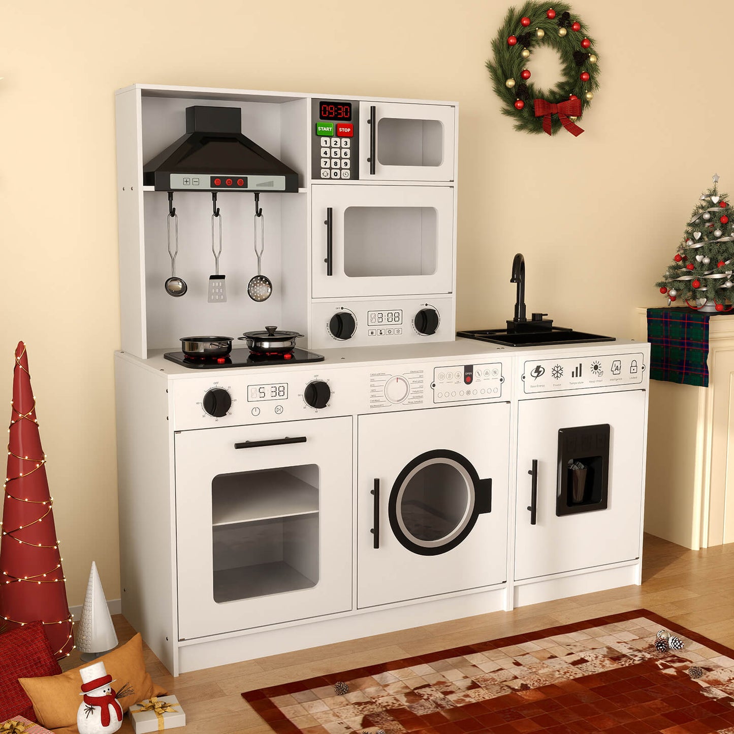 Play Kitchen, Wooden Kids Play Kitchen Playset Chef Pretend Play Set for Toddlers w/Sound and Light, Running Water, Oven, Washing Machine and Cookware Accessories for Age 3+ Toddlers