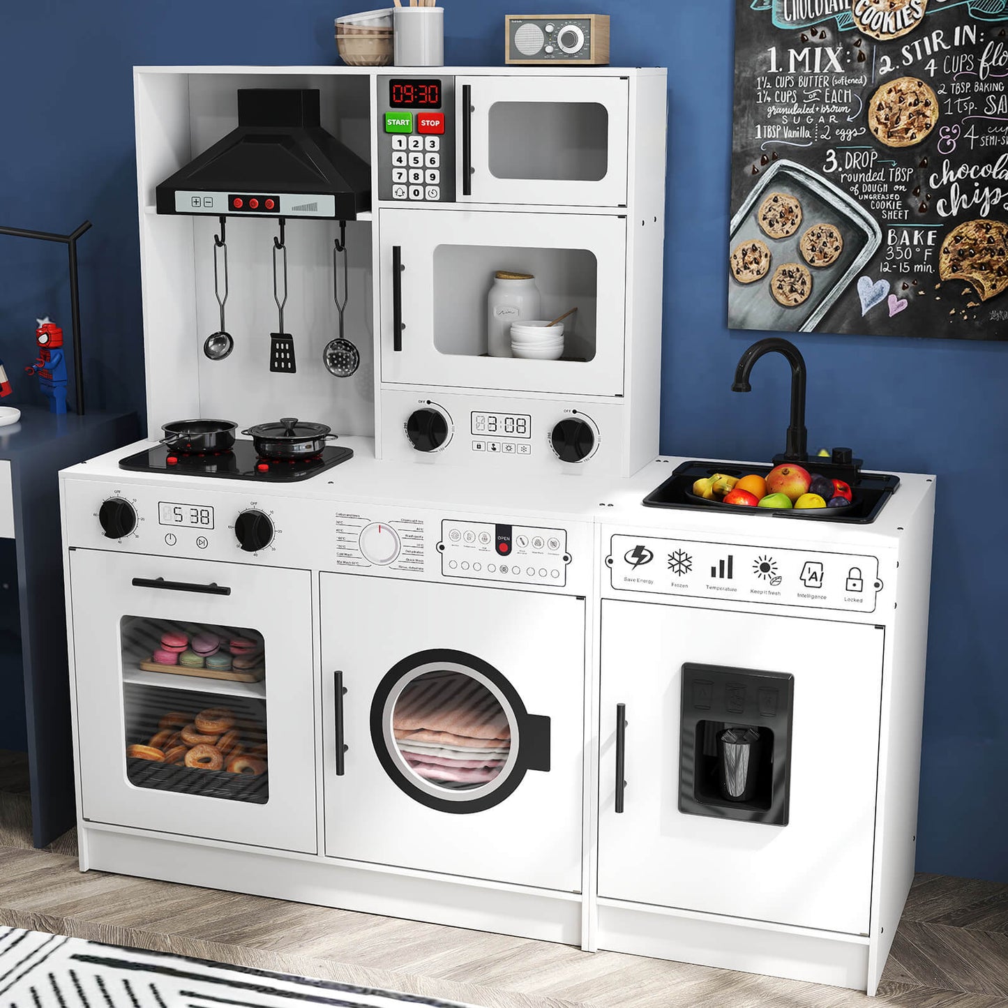 Play Kitchen, Wooden Kids Play Kitchen Playset Chef Pretend Play Set for Toddlers w/Sound and Light, Running Water, Oven, Washing Machine and Cookware Accessories for Age 3+ Toddlers