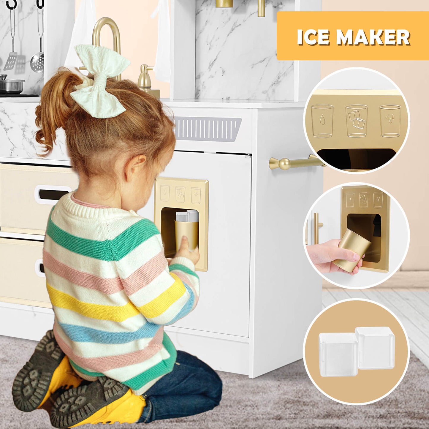 Play Kitchen, Wooden Kids Play Kitchen Playset Chef Pretend Play Set for Toddlers w/Ice Cube Dispenser, Oven, Cooking Accessories,Trendy Home Style w/Curtains, Storange Box, Gift for Ages 3+